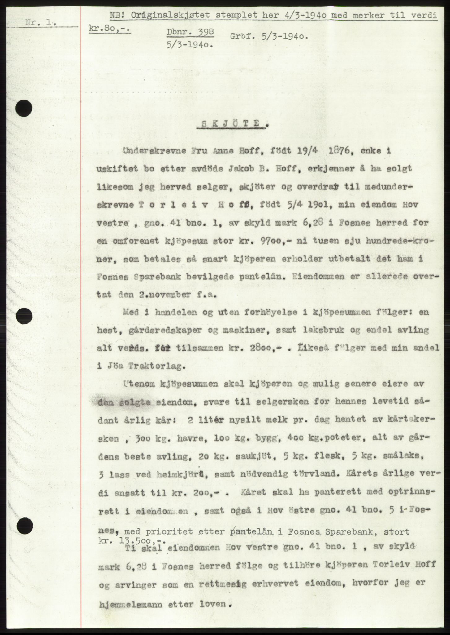 Namdal sorenskriveri, SAT/A-4133/1/2/2C: Pantebok nr. -, 1940-1941, Tingl.dato: 05.03.1940