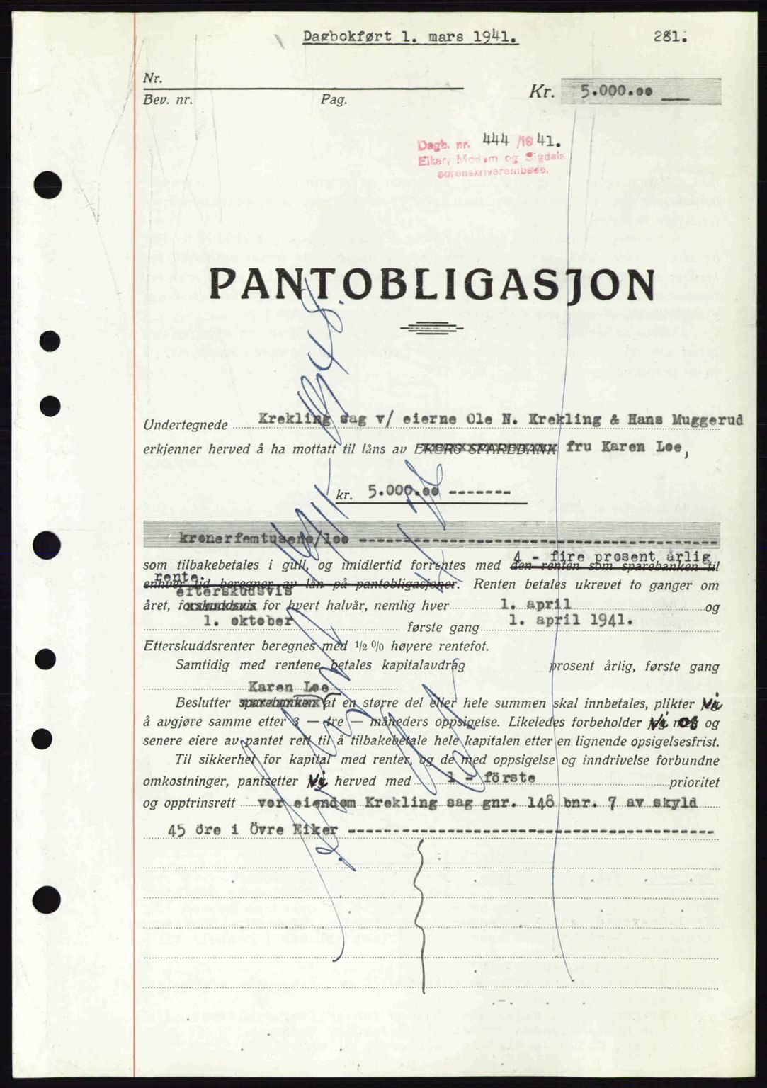 Eiker, Modum og Sigdal sorenskriveri, SAKO/A-123/G/Ga/Gab/L0043: Pantebok nr. A13, 1940-1941, Dagboknr: 444/1941