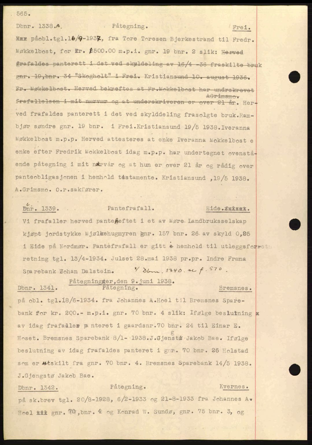 Nordmøre sorenskriveri, SAT/A-4132/1/2/2Ca: Pantebok nr. C80, 1936-1939, Dagboknr: 1338/1938