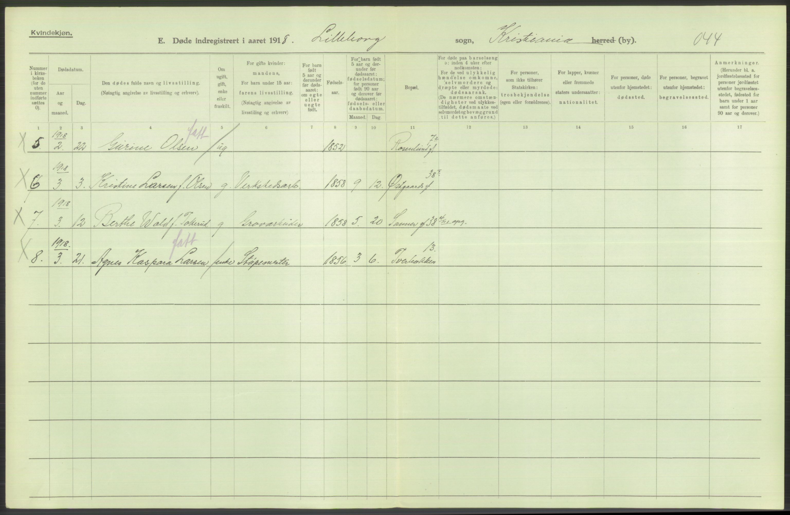 Statistisk sentralbyrå, Sosiodemografiske emner, Befolkning, AV/RA-S-2228/D/Df/Dfb/Dfbh/L0010: Kristiania: Døde, 1918, s. 456