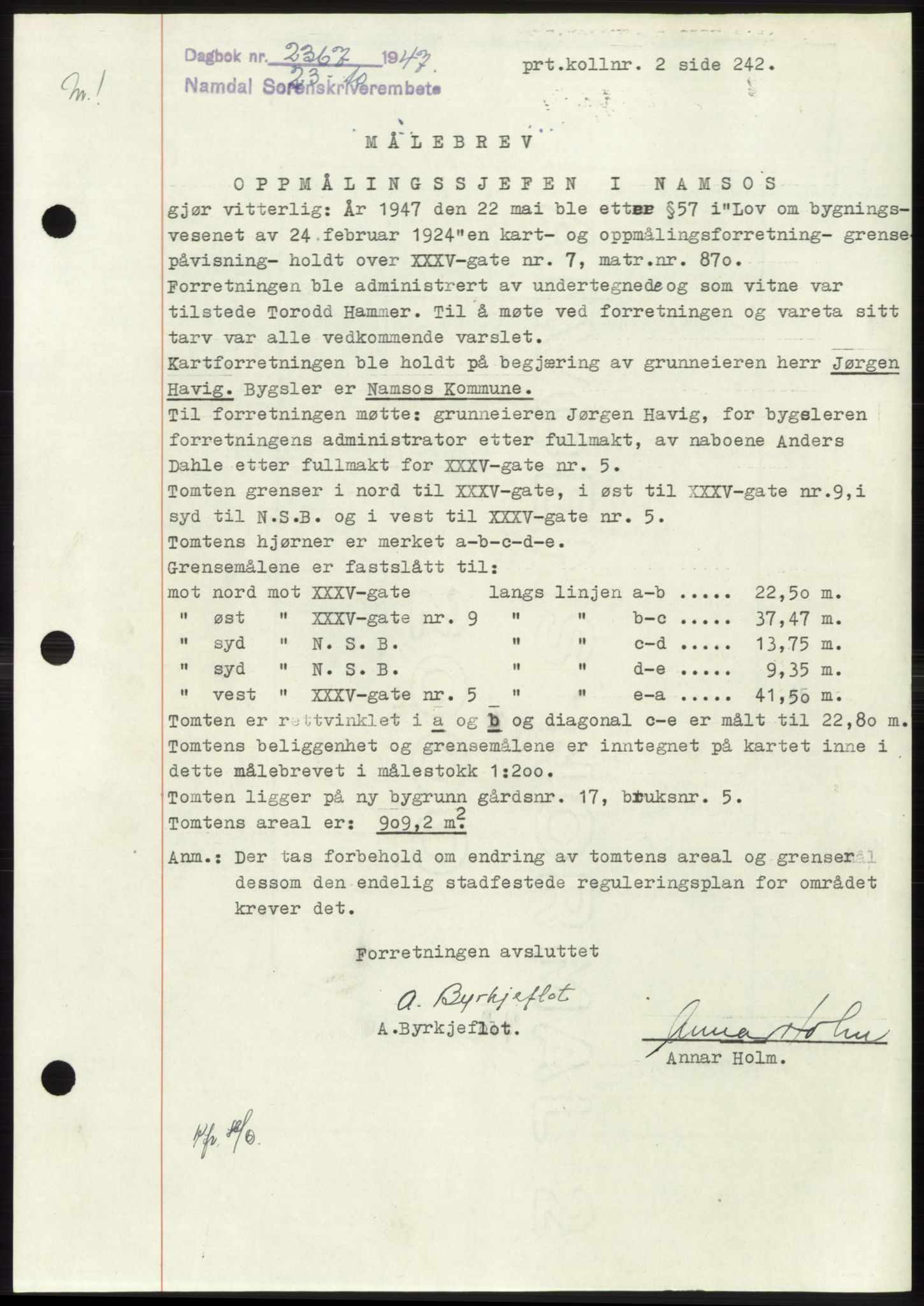 Namdal sorenskriveri, SAT/A-4133/1/2/2C: Pantebok nr. -, 1947-1947, Dagboknr: 2367/1947