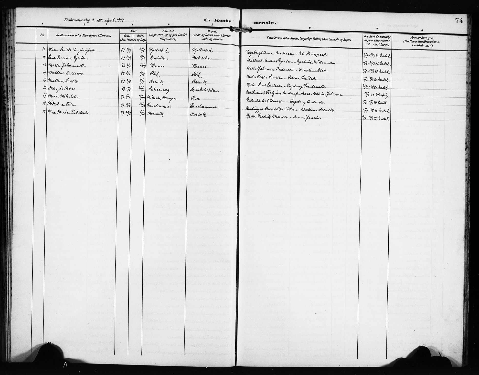 Fana Sokneprestembete, AV/SAB-A-75101/H/Hab/Haba/L0004: Klokkerbok nr. A 4, 1902-1912, s. 74