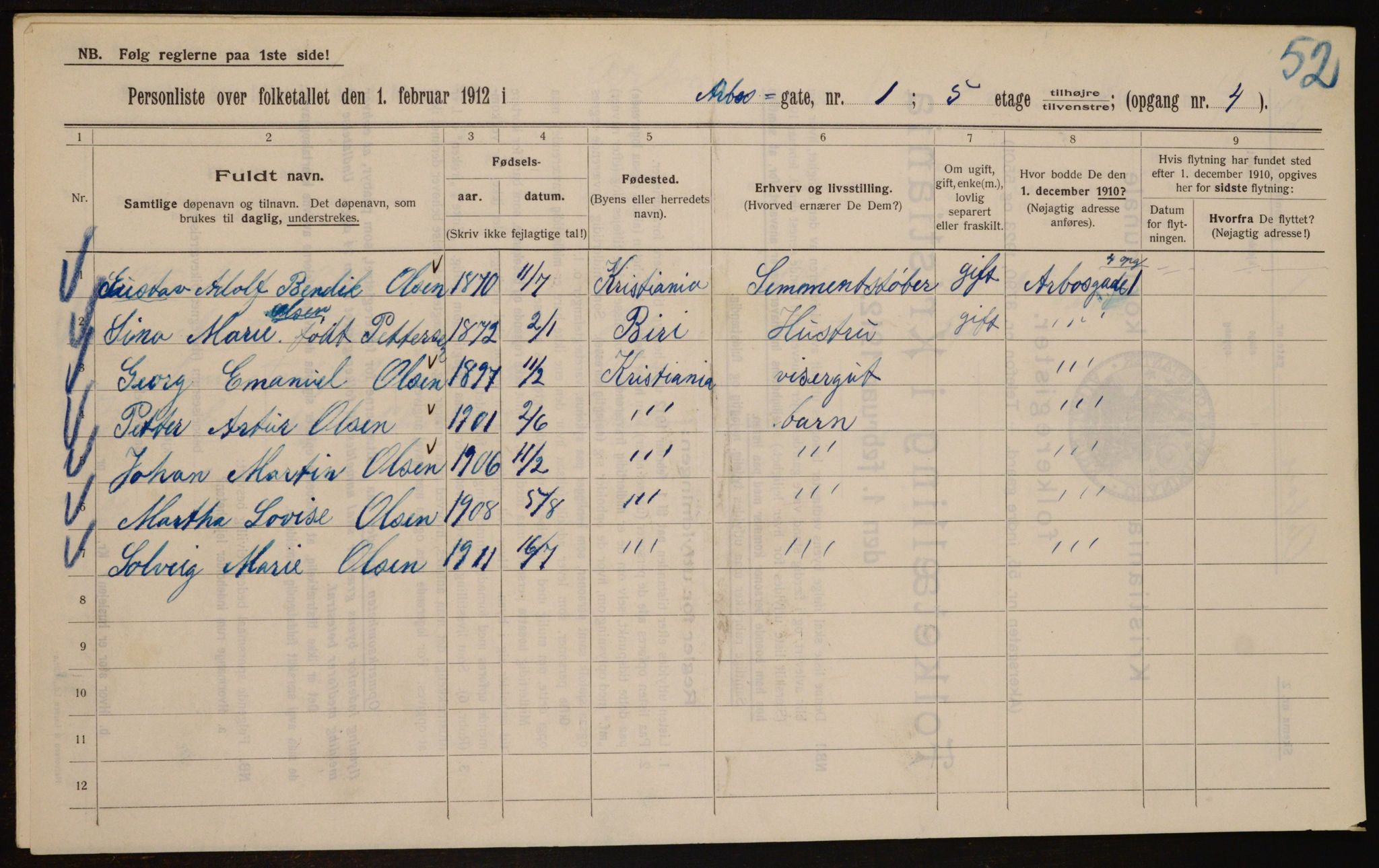 OBA, Kommunal folketelling 1.2.1912 for Kristiania, 1912, s. 1632