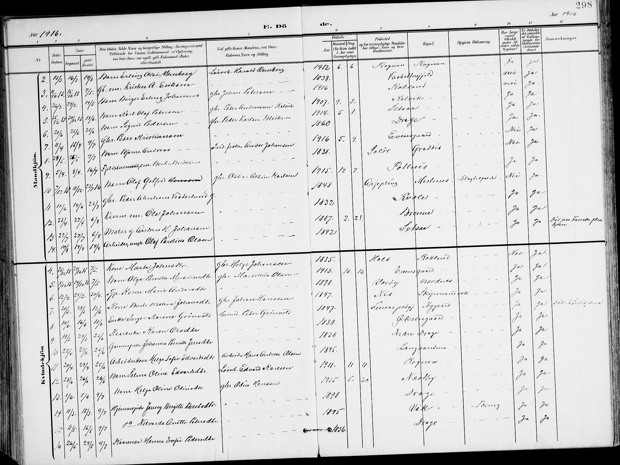 Ministerialprotokoller, klokkerbøker og fødselsregistre - Nordland, AV/SAT-A-1459/847/L0672: Ministerialbok nr. 847A12, 1902-1919, s. 298