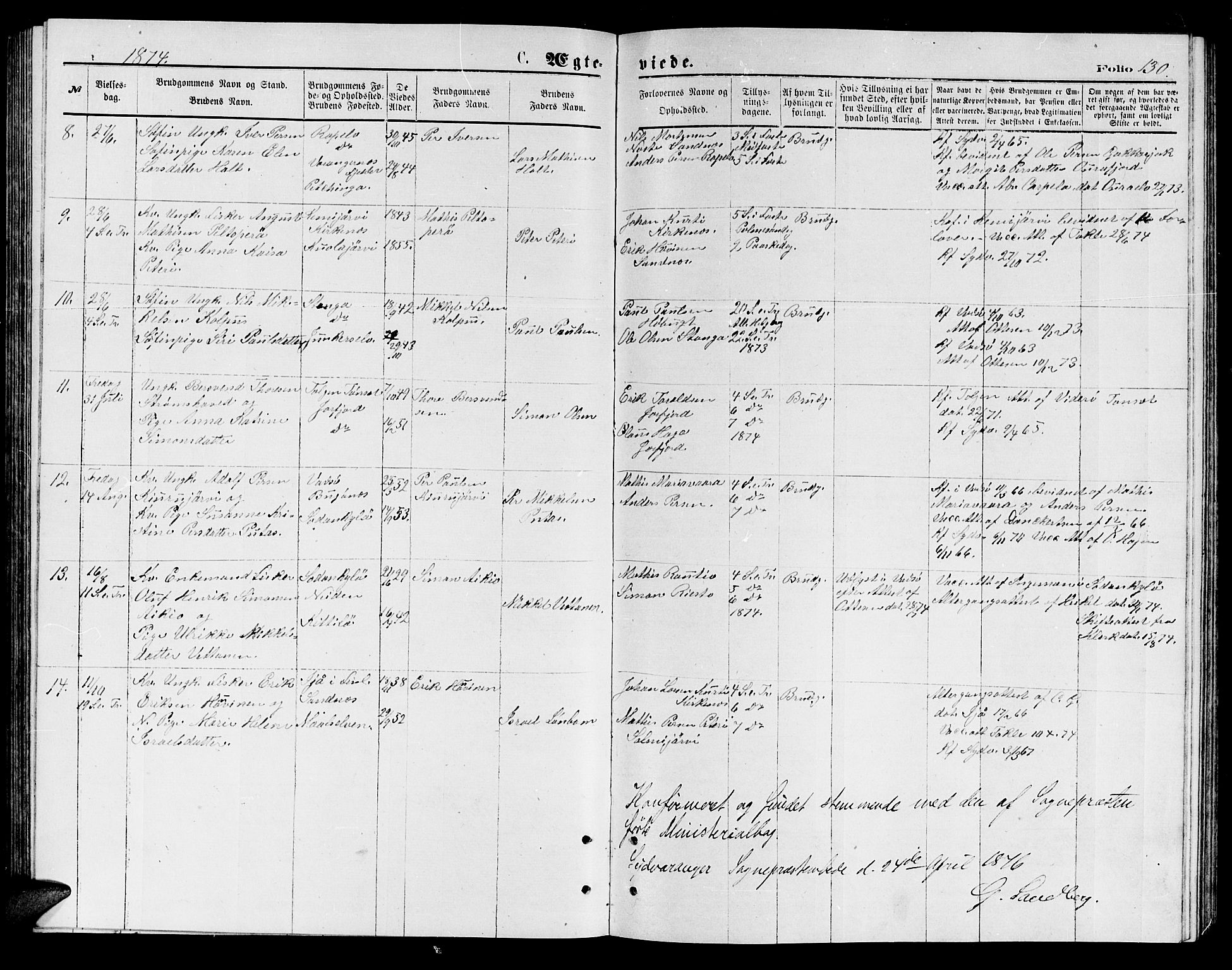 Sør-Varanger sokneprestkontor, AV/SATØ-S-1331/H/Hb/L0002klokker: Klokkerbok nr. 2, 1873-1877, s. 130