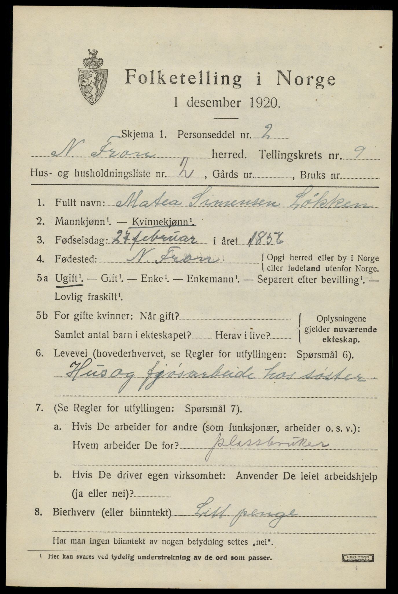 SAH, Folketelling 1920 for 0518 Nord-Fron herred, 1920, s. 7490