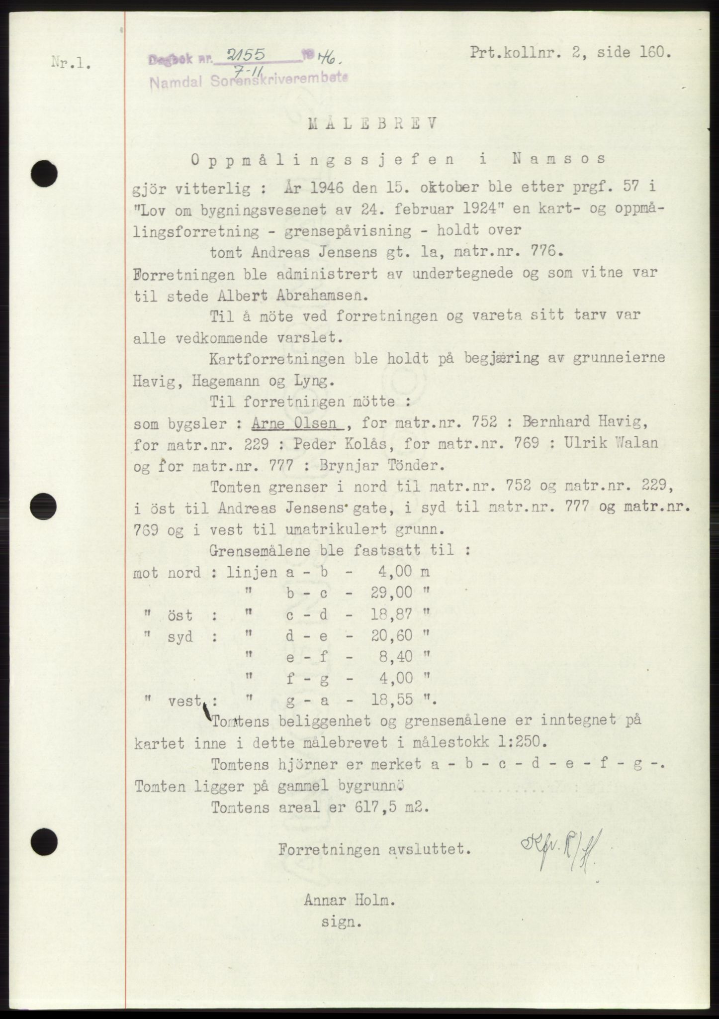 Namdal sorenskriveri, SAT/A-4133/1/2/2C: Pantebok nr. -, 1946-1947, Dagboknr: 2155/1946