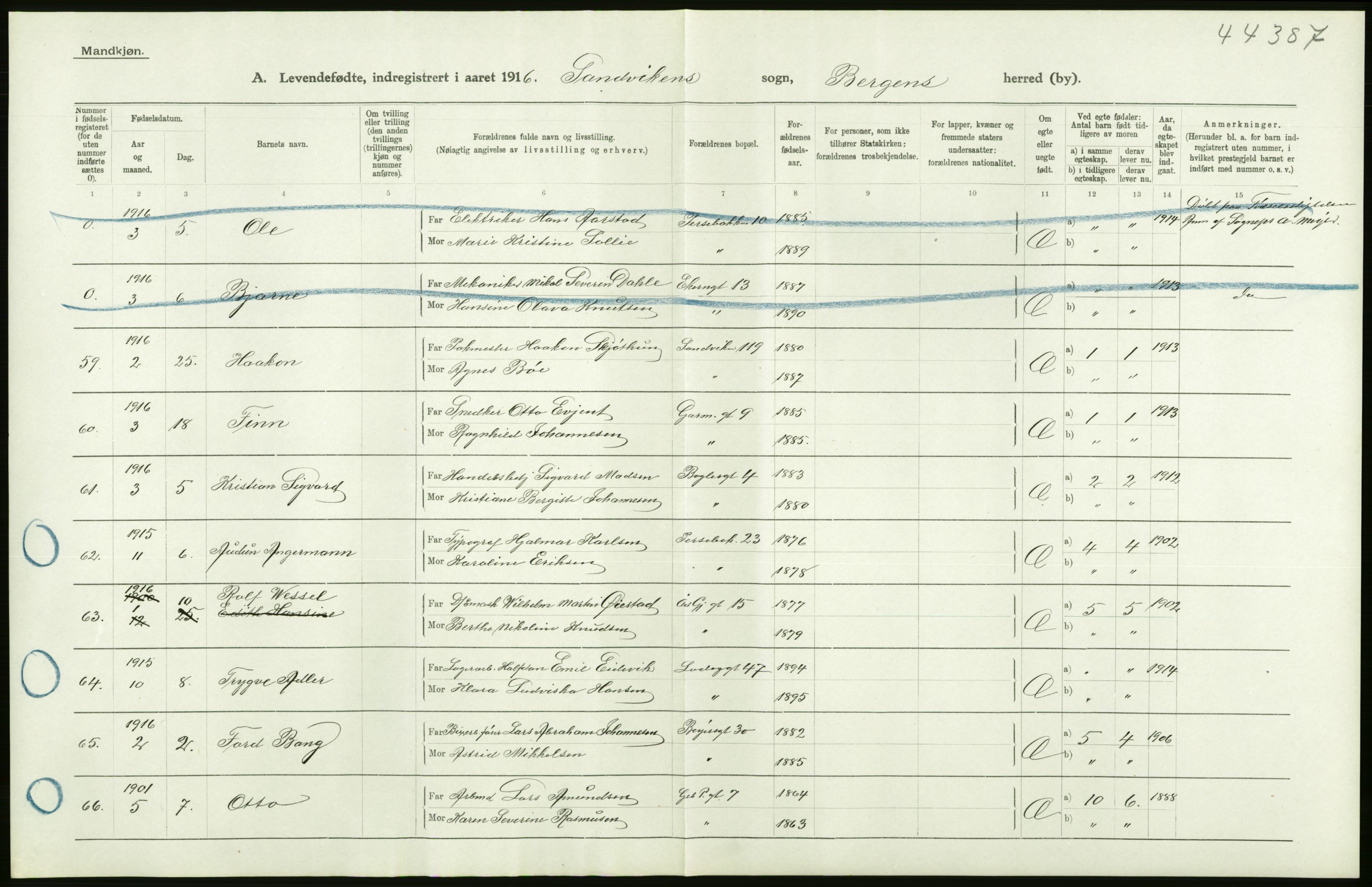 Statistisk sentralbyrå, Sosiodemografiske emner, Befolkning, AV/RA-S-2228/D/Df/Dfb/Dfbf/L0037: Bergen: Levendefødte menn og kvinner., 1916, s. 18
