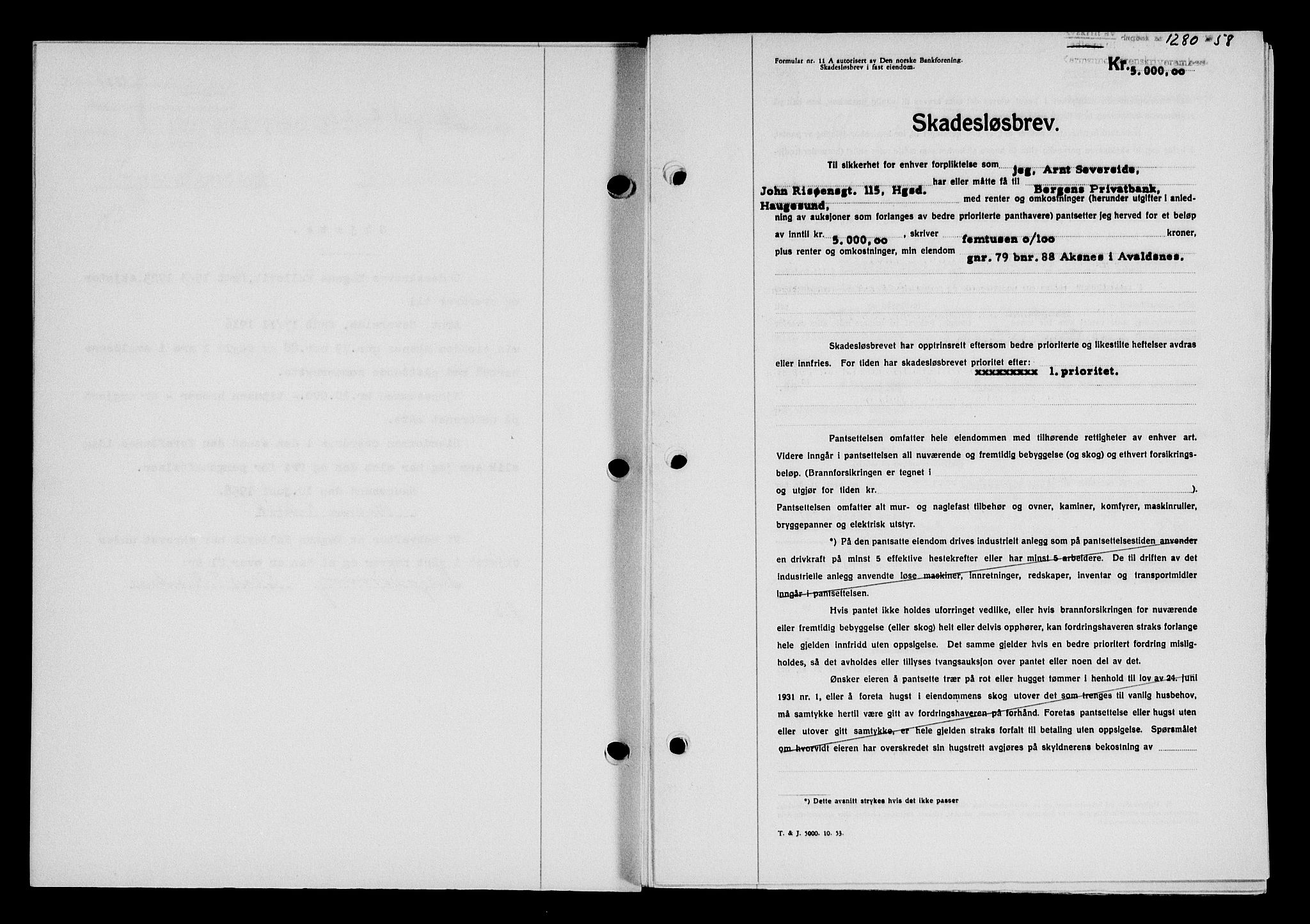 Karmsund sorenskriveri, SAST/A-100311/01/II/IIB/L0128: Pantebok nr. 108A, 1958-1958, Dagboknr: 1280/1958