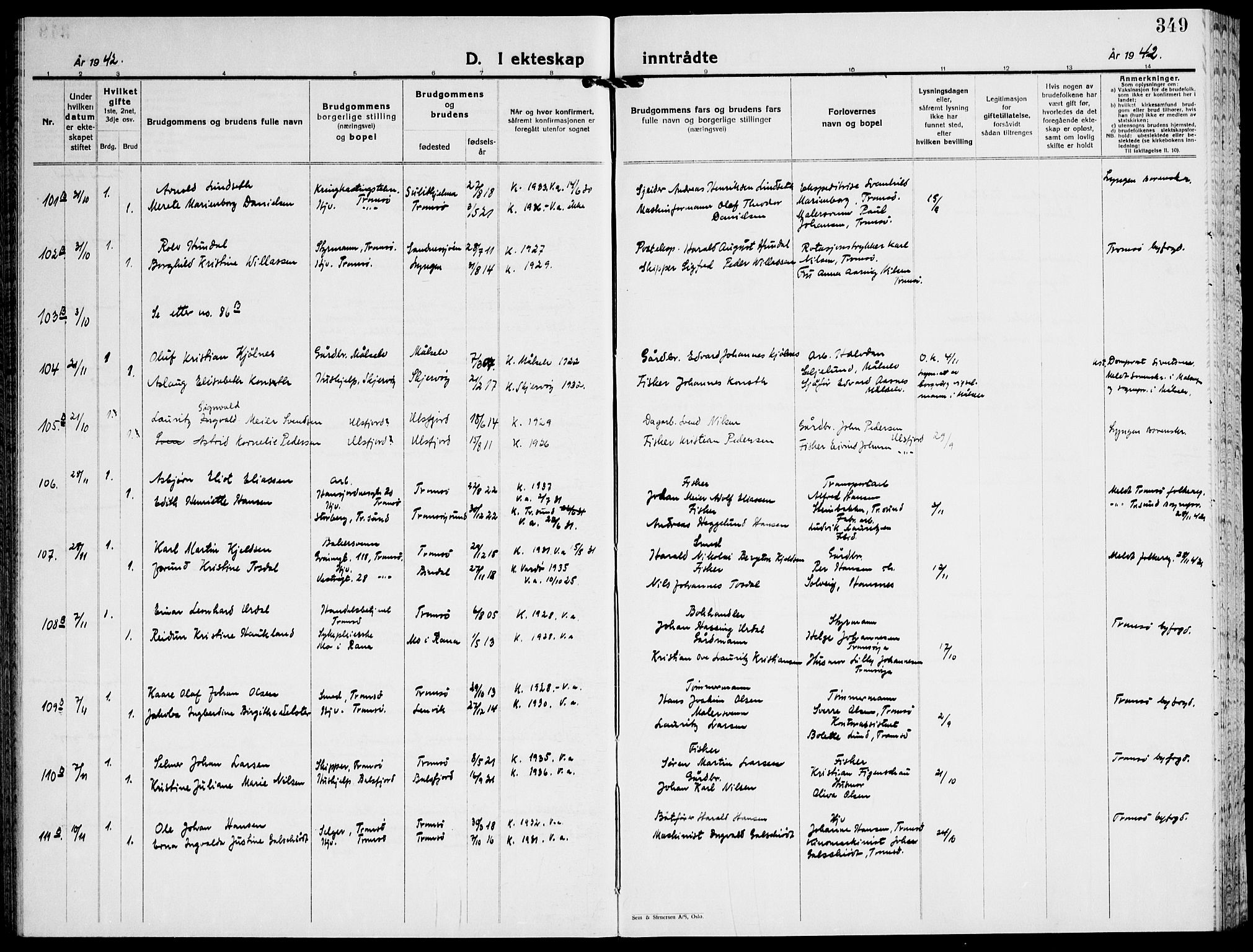 Tromsø sokneprestkontor/stiftsprosti/domprosti, AV/SATØ-S-1343/G/Gb/L0011klokker: Klokkerbok nr. 11, 1942-1944, s. 349