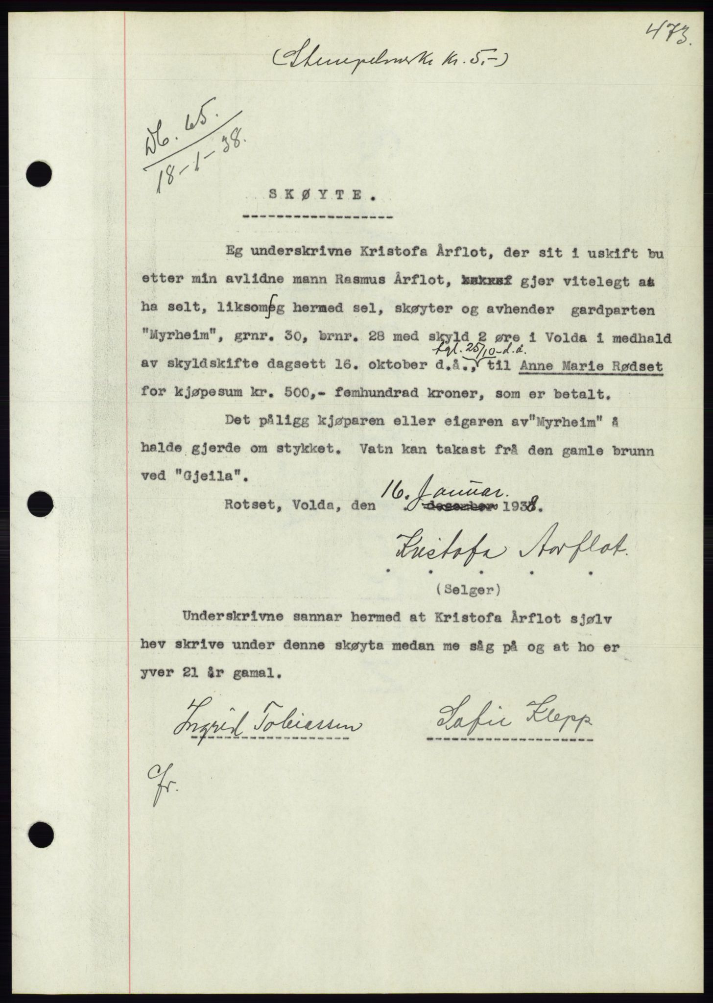 Søre Sunnmøre sorenskriveri, SAT/A-4122/1/2/2C/L0064: Pantebok nr. 58, 1937-1938, Dagboknr: 65/1938