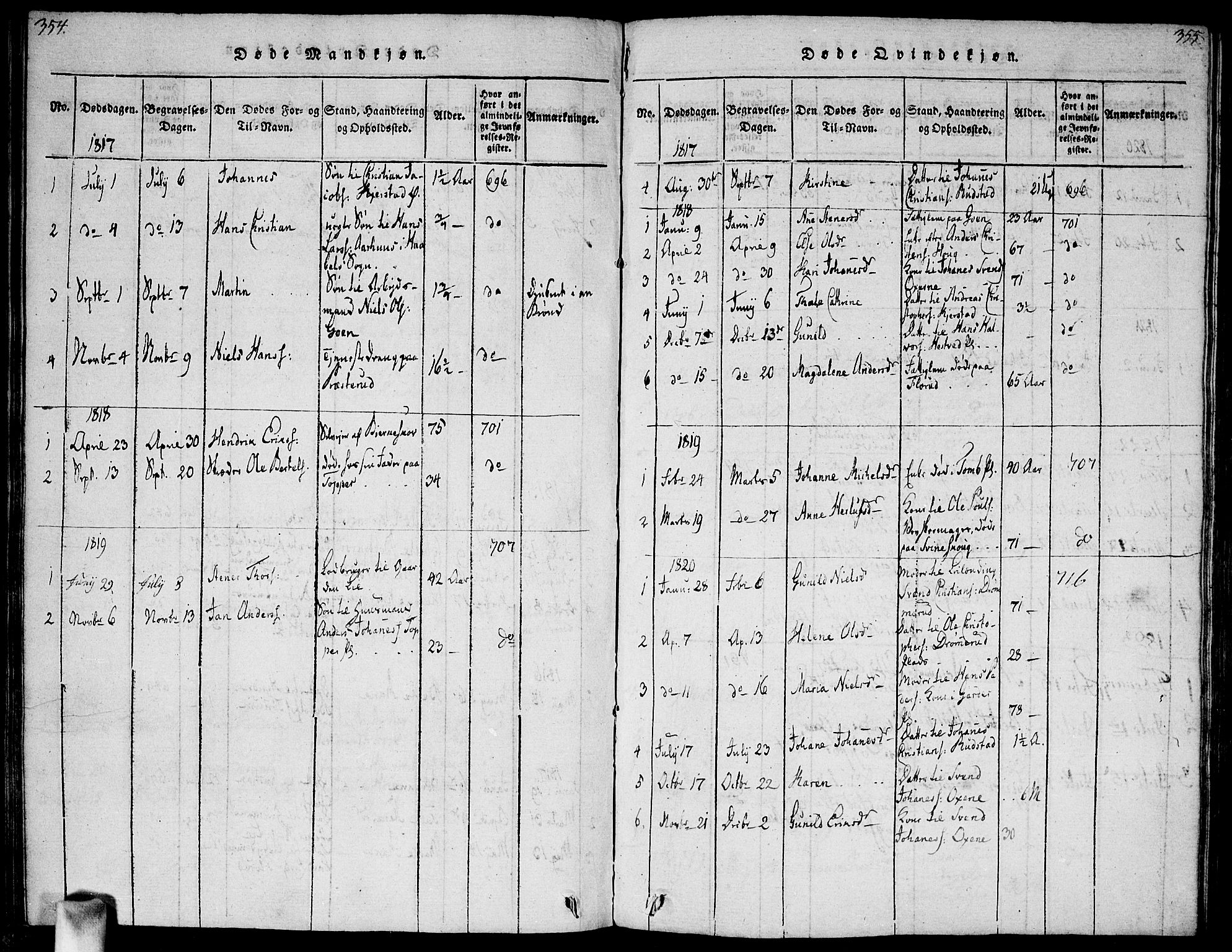 Vestby prestekontor Kirkebøker, AV/SAO-A-10893/G/Ga/L0001: Klokkerbok nr. I 1, 1814-1827, s. 354-355