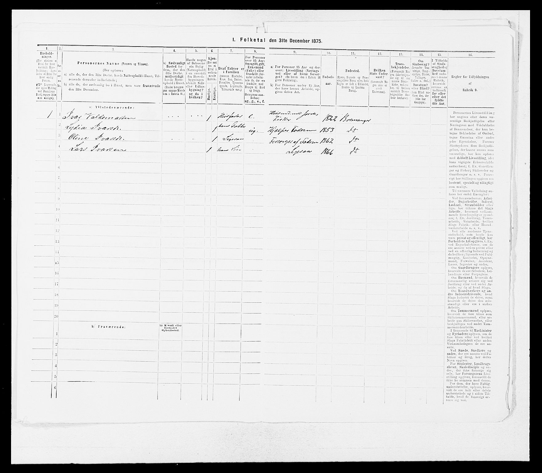 SAB, Folketelling 1875 for 1438P Bremanger prestegjeld, 1875, s. 168