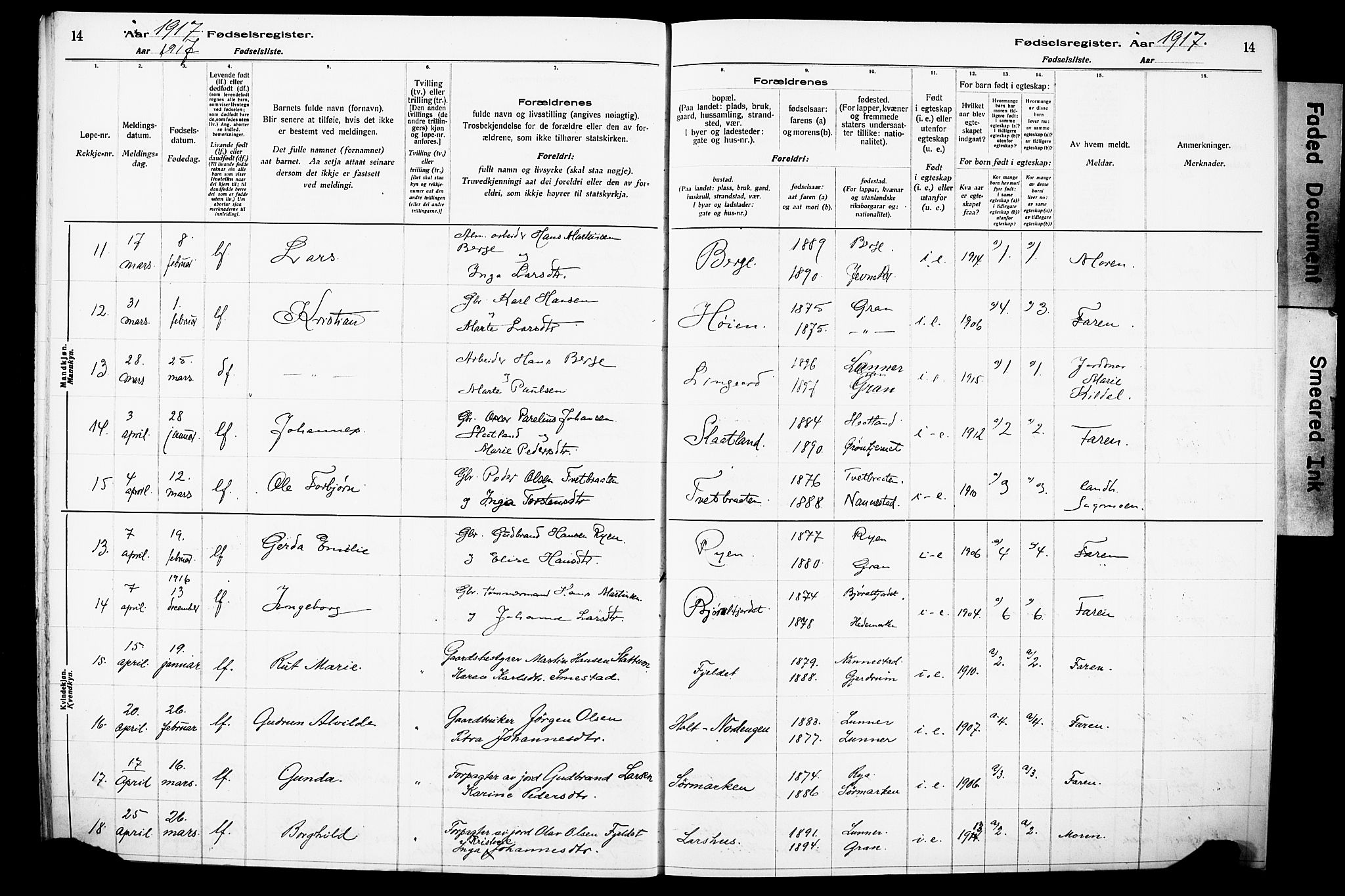 Lunner prestekontor, AV/SAH-PREST-118/I/Id/L0001: Fødselsregister nr. 1, 1916-1932, s. 14