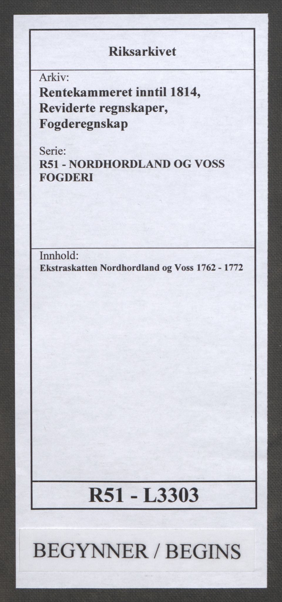Rentekammeret inntil 1814, Reviderte regnskaper, Fogderegnskap, RA/EA-4092/R51/L3303: Ekstraskatten Nordhordland og Voss, 1762-1772, s. 1