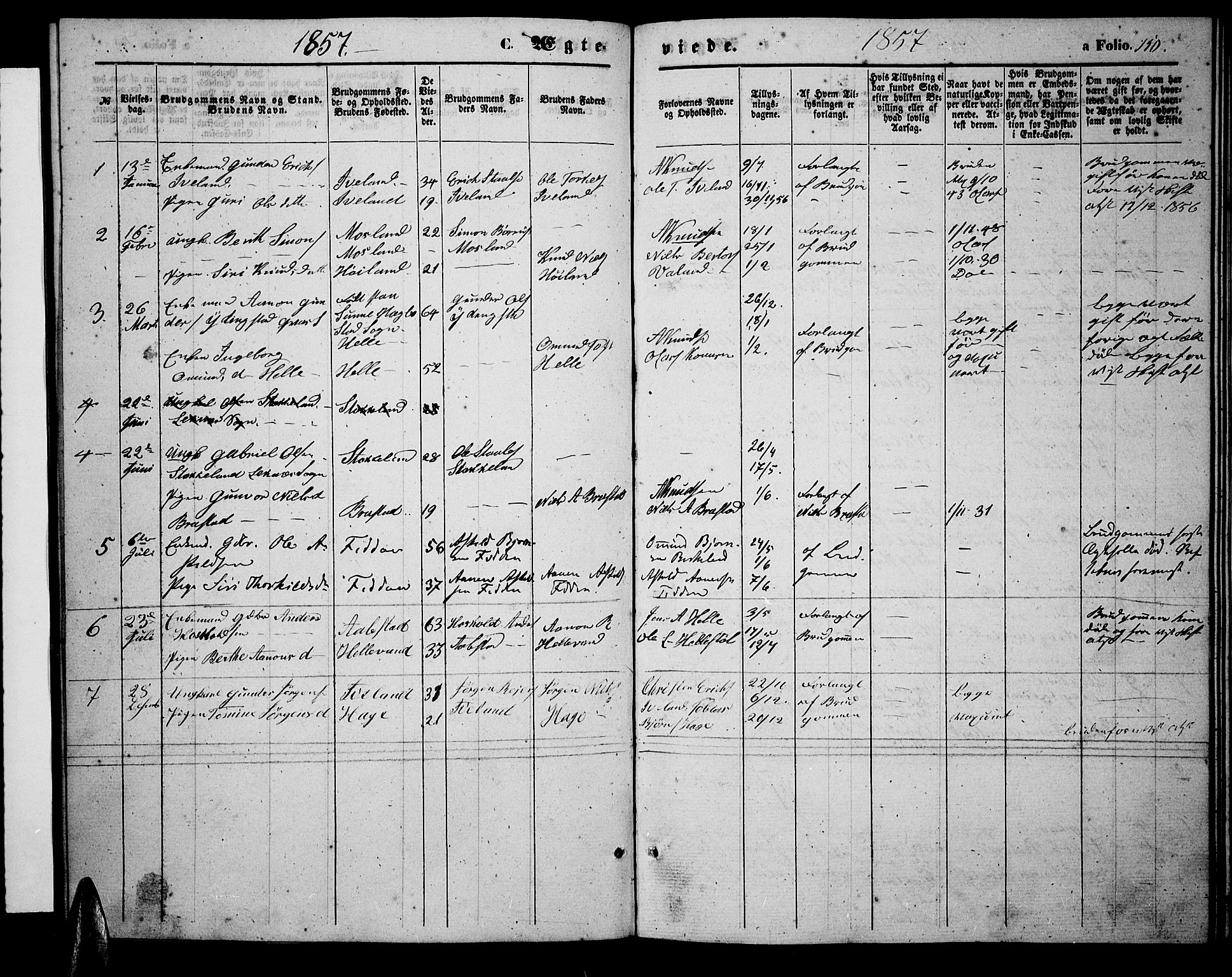 Nord-Audnedal sokneprestkontor, AV/SAK-1111-0032/F/Fb/Fba/L0002: Klokkerbok nr. B 2, 1856-1882, s. 150