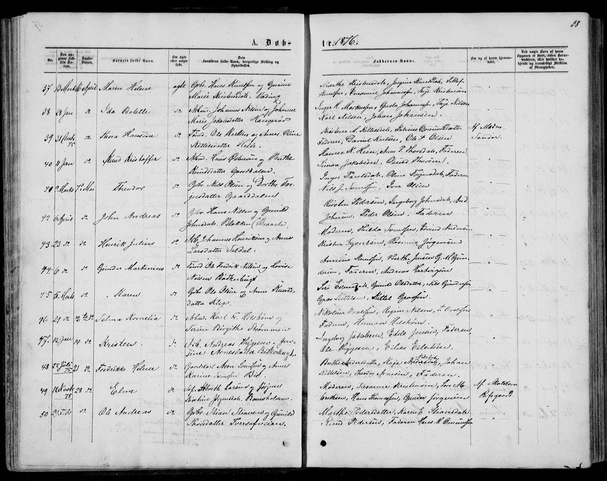 Øyestad sokneprestkontor, AV/SAK-1111-0049/F/Fb/L0008: Klokkerbok nr. B 8, 1872-1886, s. 38