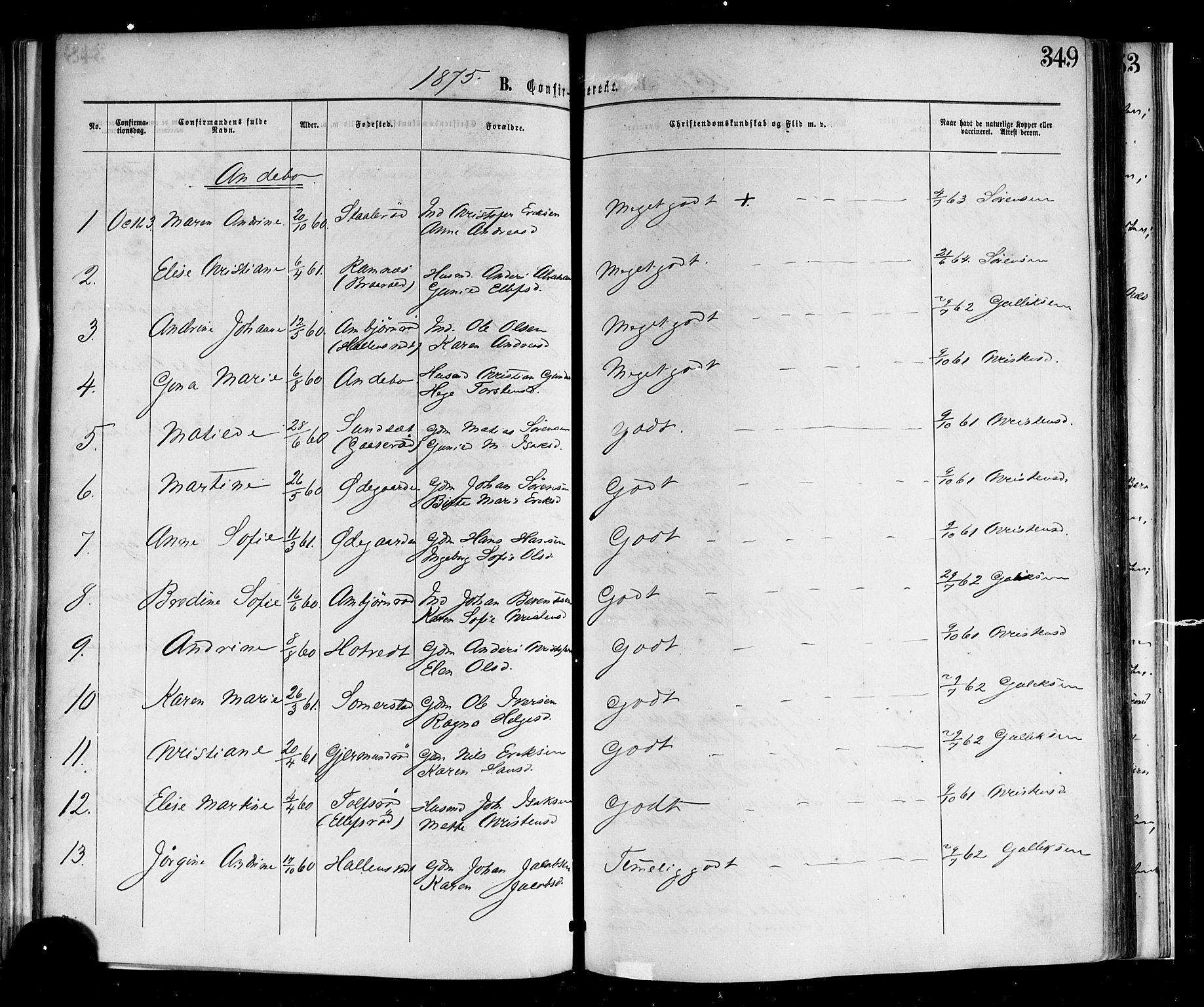 Andebu kirkebøker, AV/SAKO-A-336/F/Fa/L0006: Ministerialbok nr. I 6, 1871-1878, s. 349