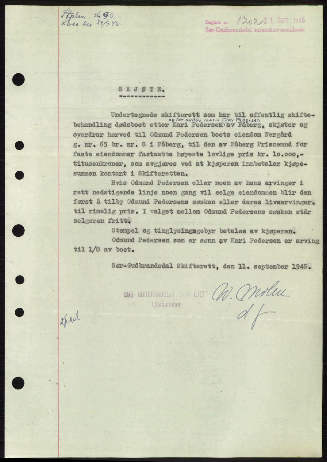 Sør-Gudbrandsdal tingrett, SAH/TING-004/H/Hb/Hbd/L0016: Pantebok nr. A16, 1946-1946, Dagboknr: 1202/1946