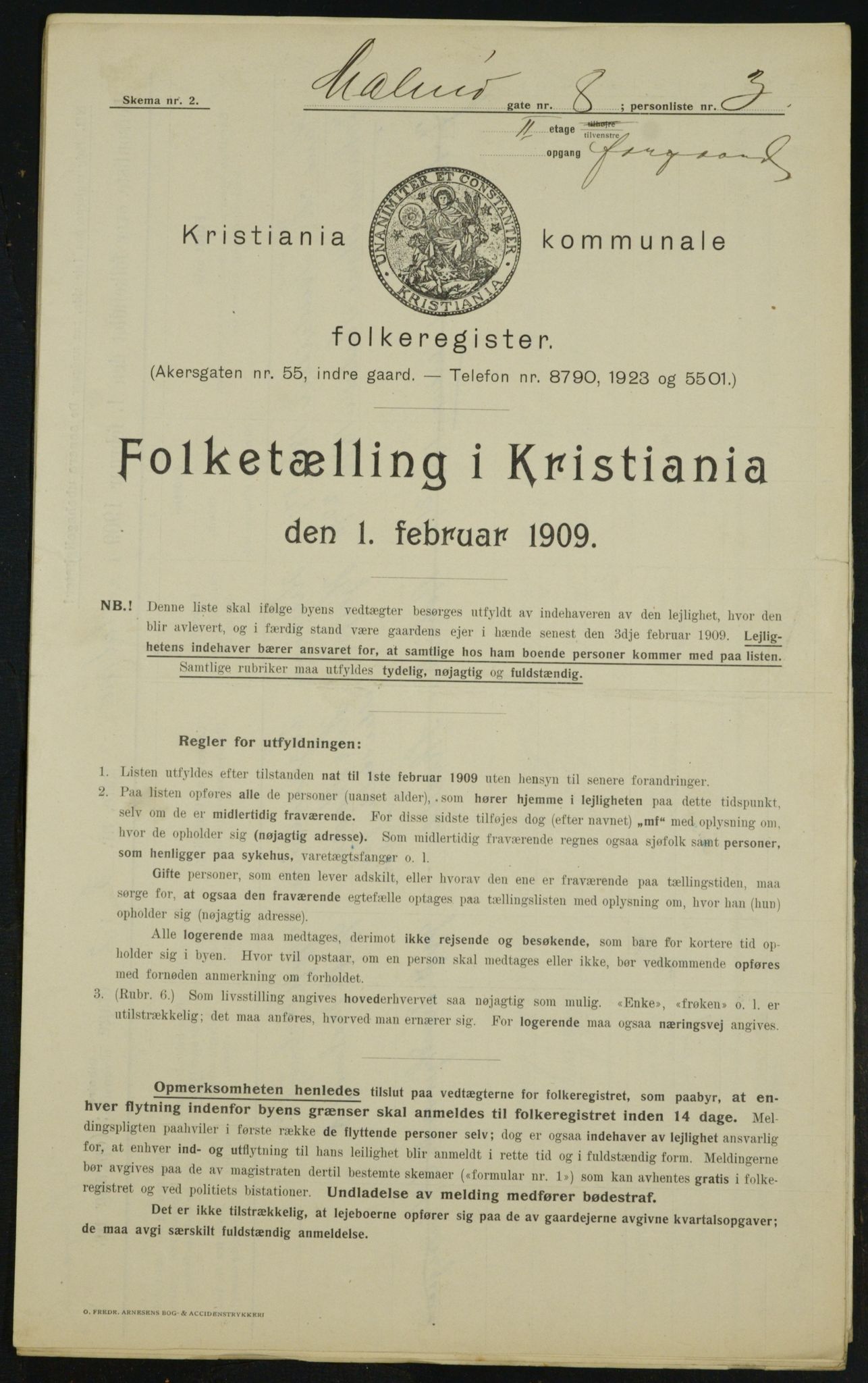 OBA, Kommunal folketelling 1.2.1909 for Kristiania kjøpstad, 1909, s. 54599