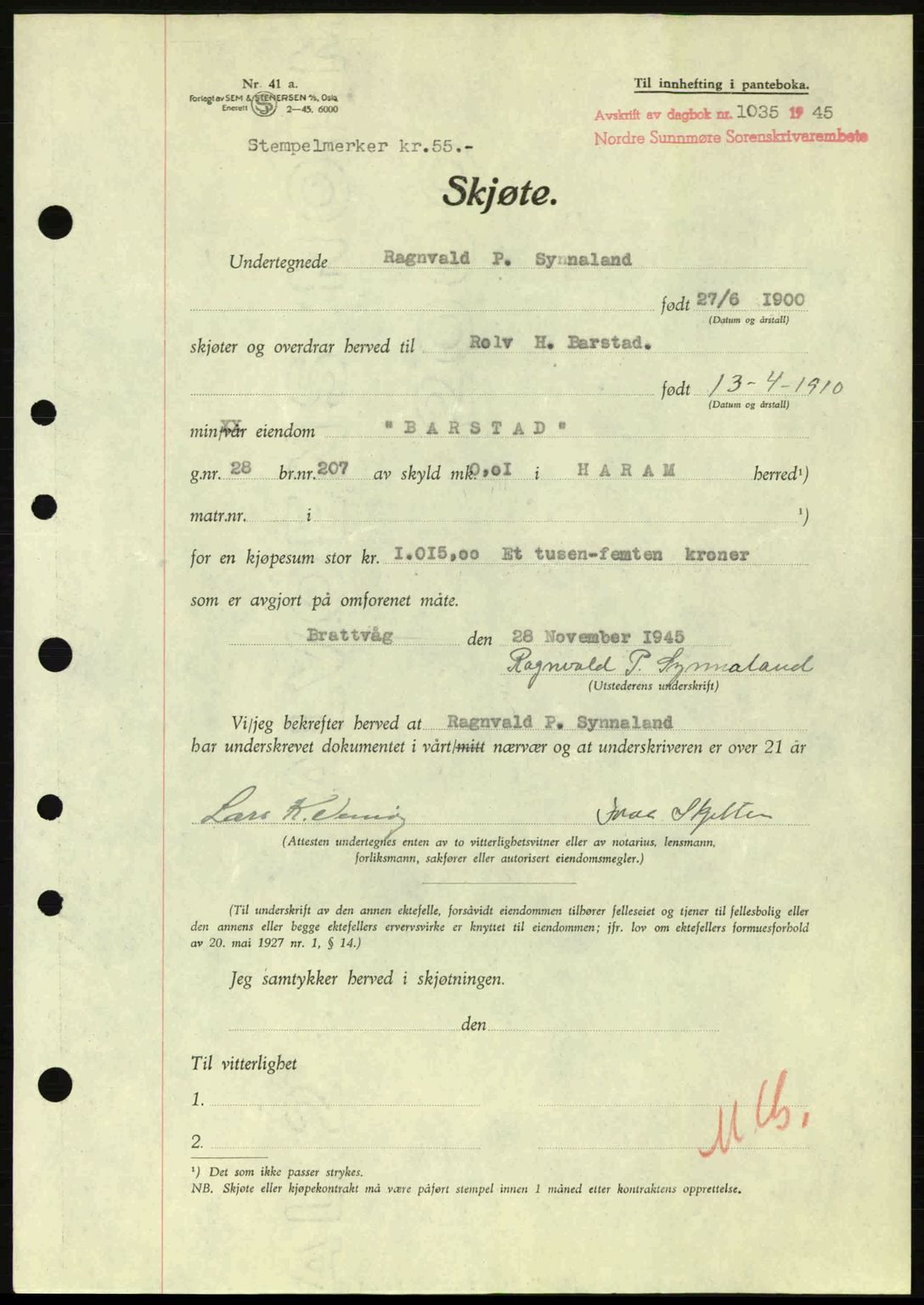 Nordre Sunnmøre sorenskriveri, AV/SAT-A-0006/1/2/2C/2Ca: Pantebok nr. A20a, 1945-1945, Dagboknr: 1035/1945