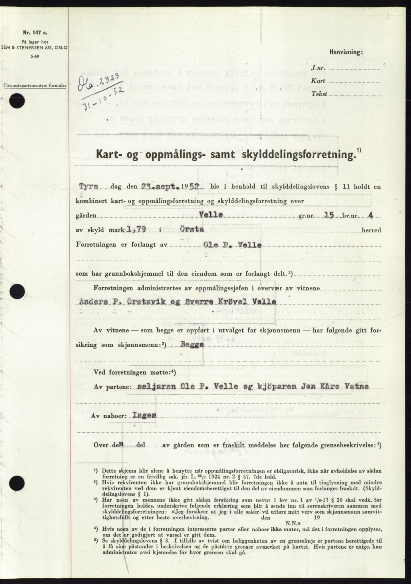 Søre Sunnmøre sorenskriveri, SAT/A-4122/1/2/2C/L0093: Pantebok nr. 19A, 1952-1953, Dagboknr: 2323/1952
