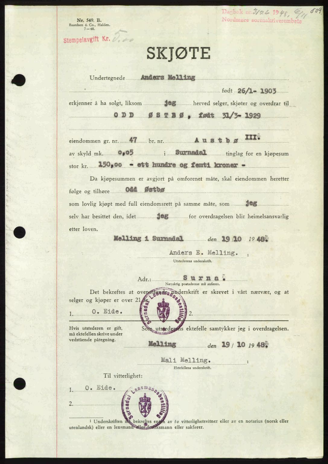 Nordmøre sorenskriveri, AV/SAT-A-4132/1/2/2Ca: Pantebok nr. A109, 1948-1948, Dagboknr: 3126/1948