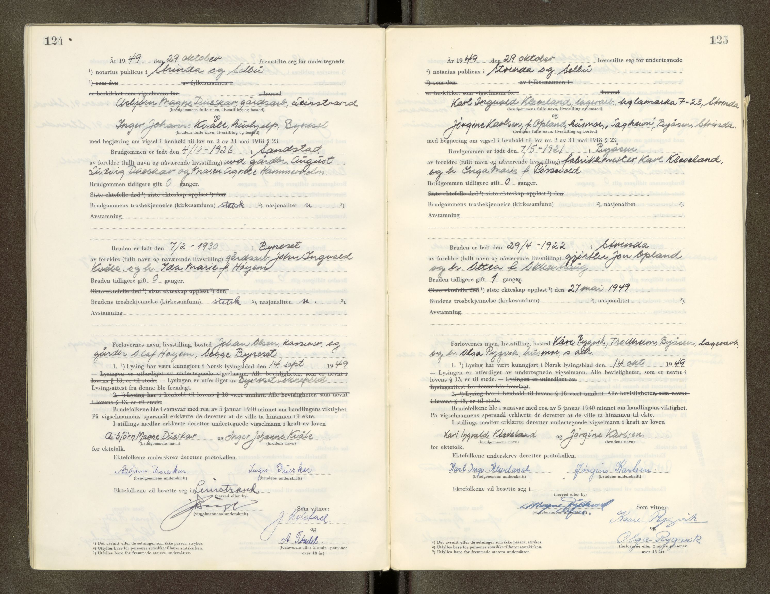 Strinda og Selbu sorenskriveri, AV/SAT-A-0015/6/6D/L0009: Vigselsbok, 1946-1951, s. 124-125