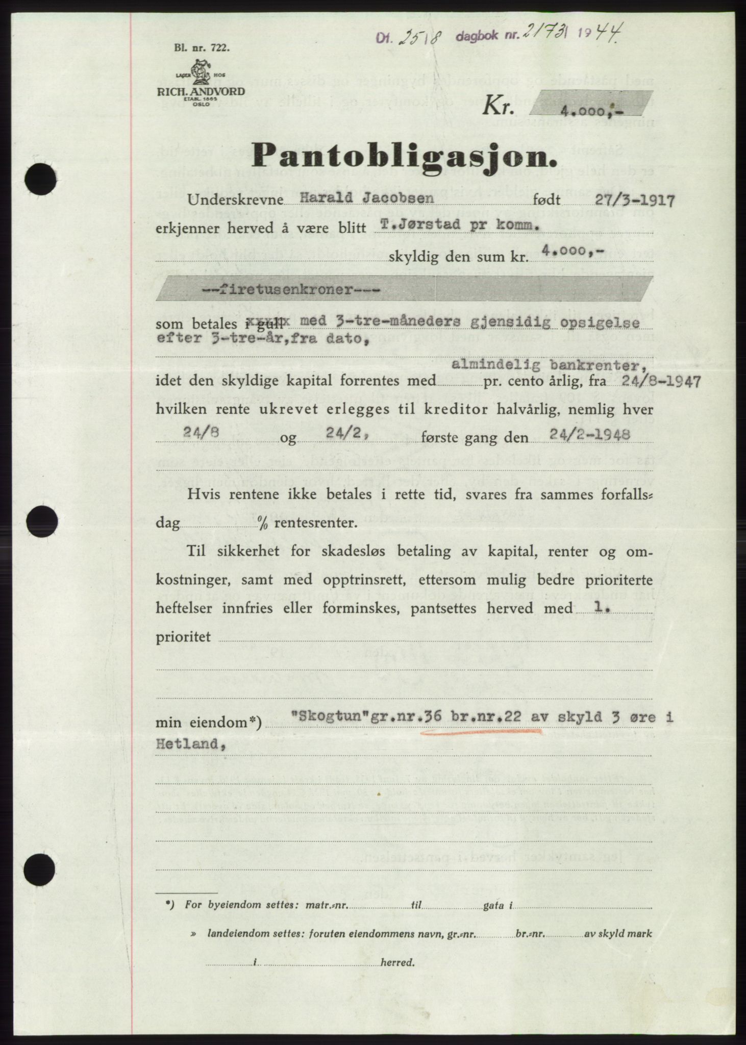 Jæren sorenskriveri, SAST/A-100310/03/G/Gba/L0087: Pantebok, 1944-1945, Dagboknr: 2173/1944