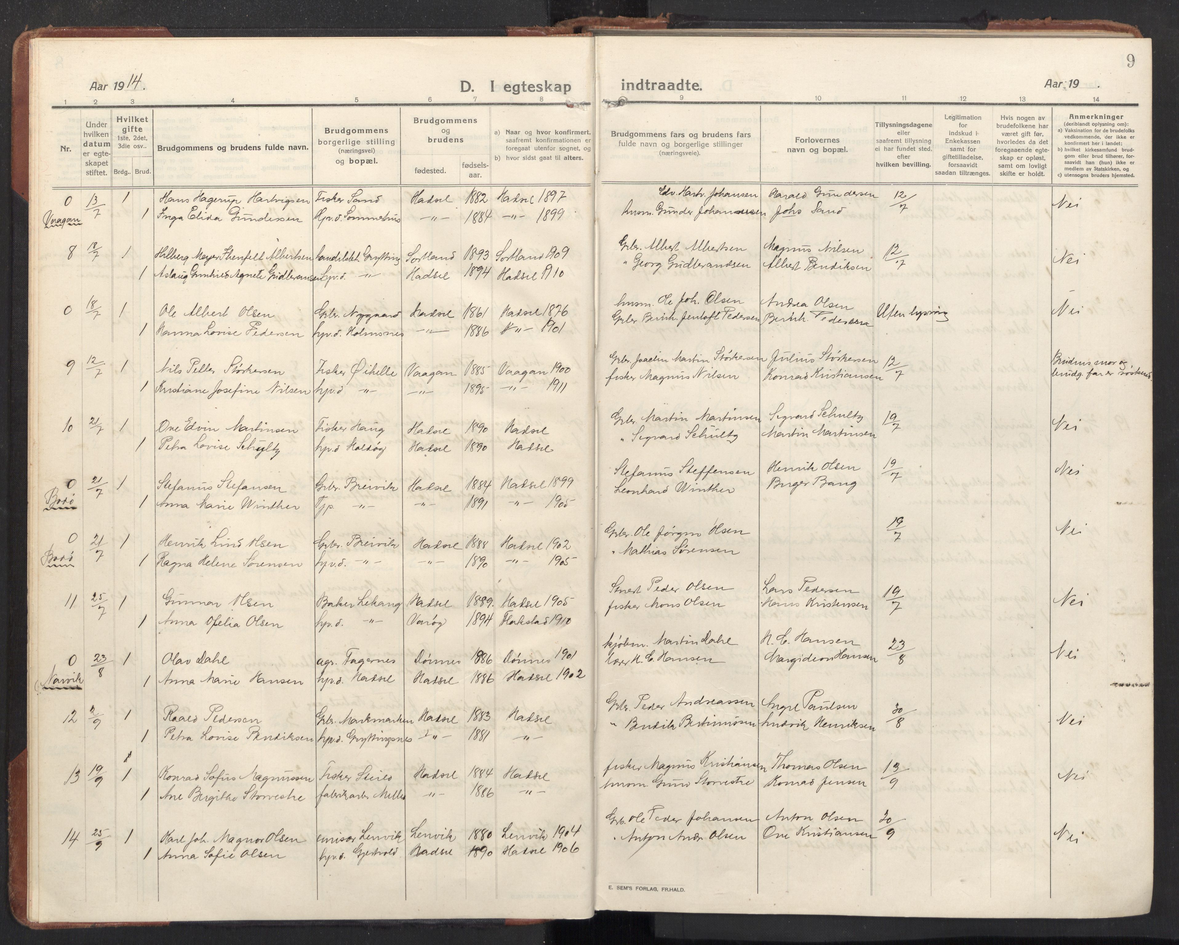 Ministerialprotokoller, klokkerbøker og fødselsregistre - Nordland, AV/SAT-A-1459/888/L1269: Klokkerbok nr. 888C11, 1913-1937, s. 9