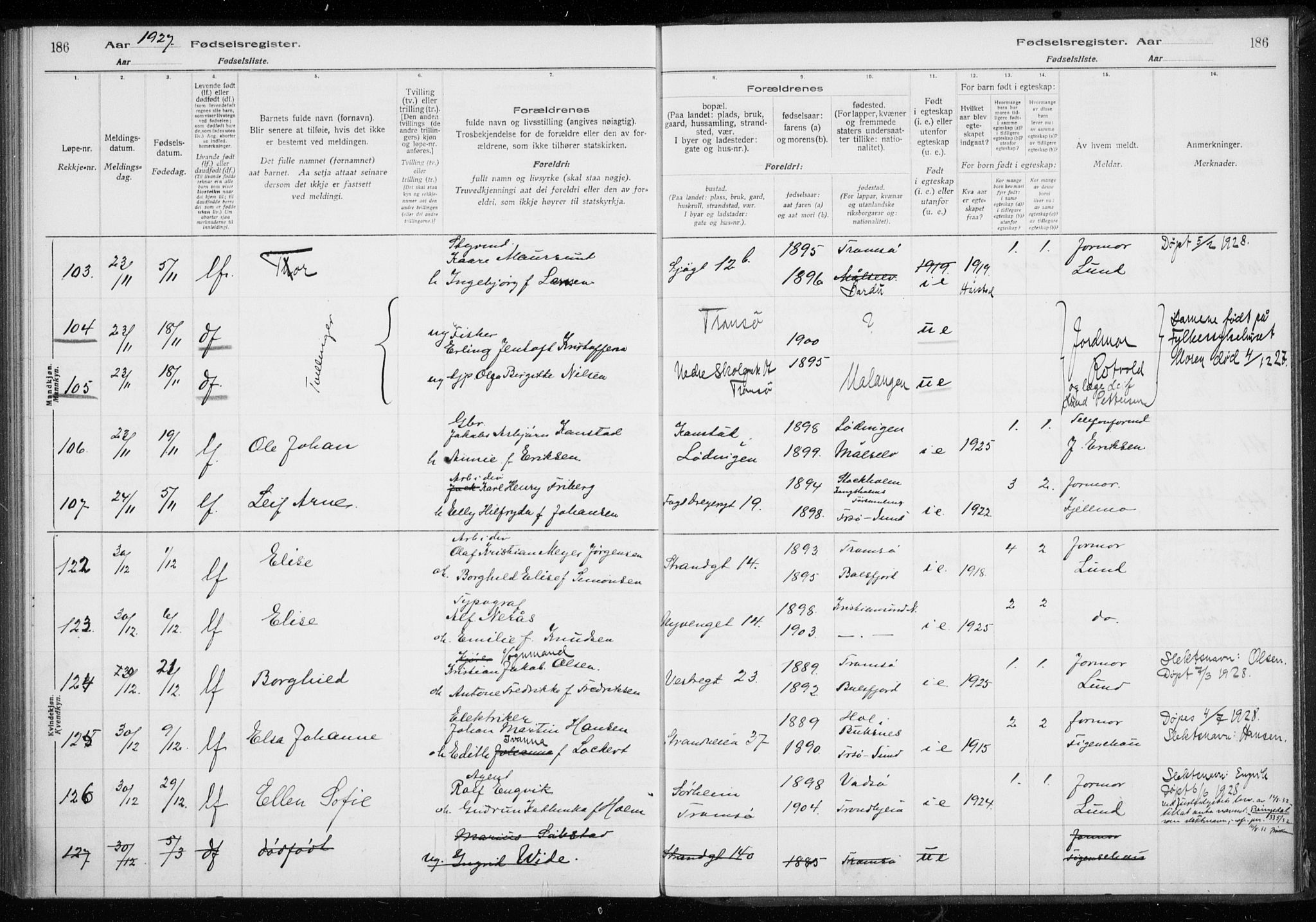 Tromsø sokneprestkontor/stiftsprosti/domprosti, AV/SATØ-S-1343/H/Ha/L0132: Fødselsregister nr. 132, 1921-1927, s. 186