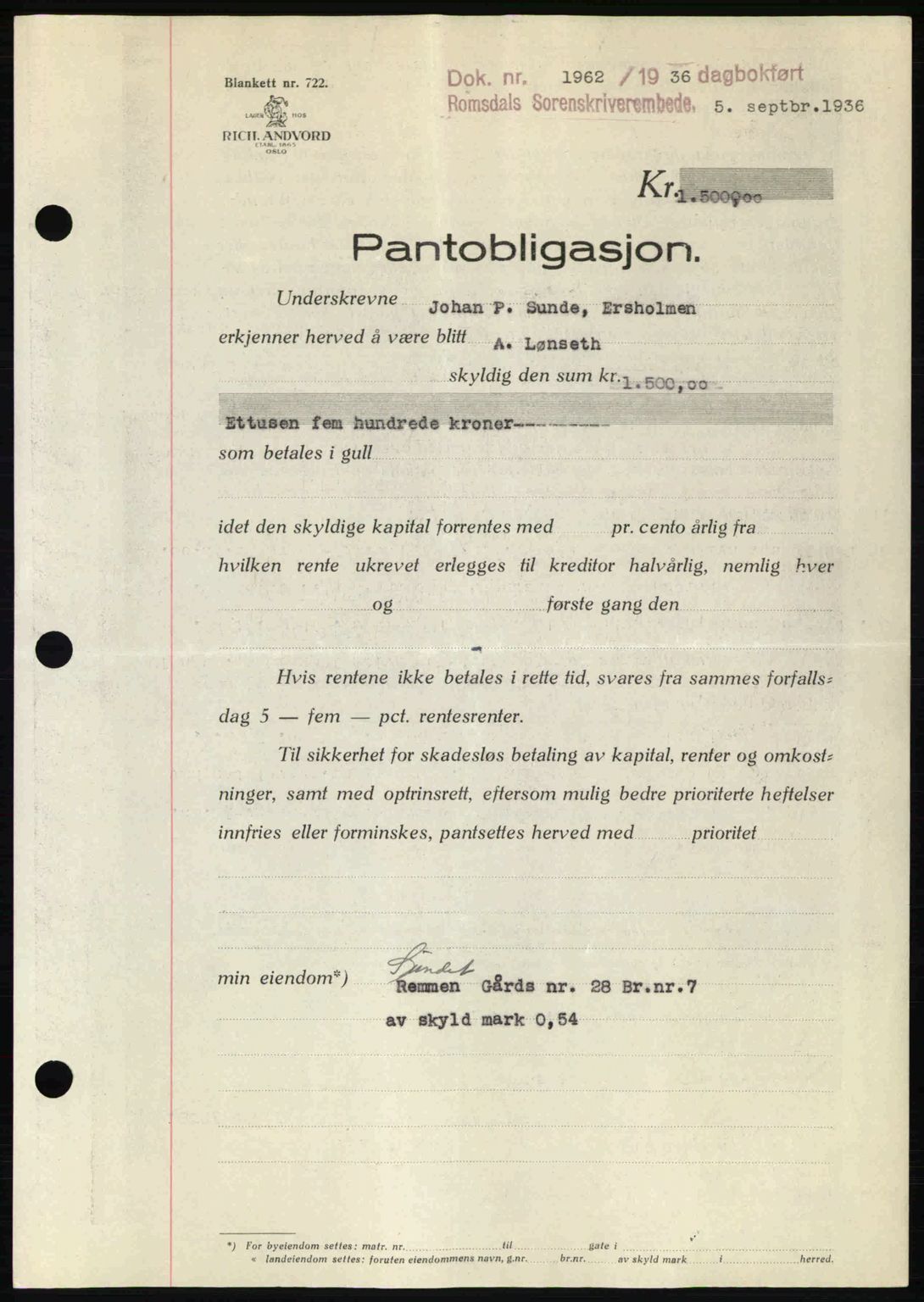Romsdal sorenskriveri, SAT/A-4149/1/2/2C: Pantebok nr. B1, 1936-1939, Dagboknr: 1962/1936