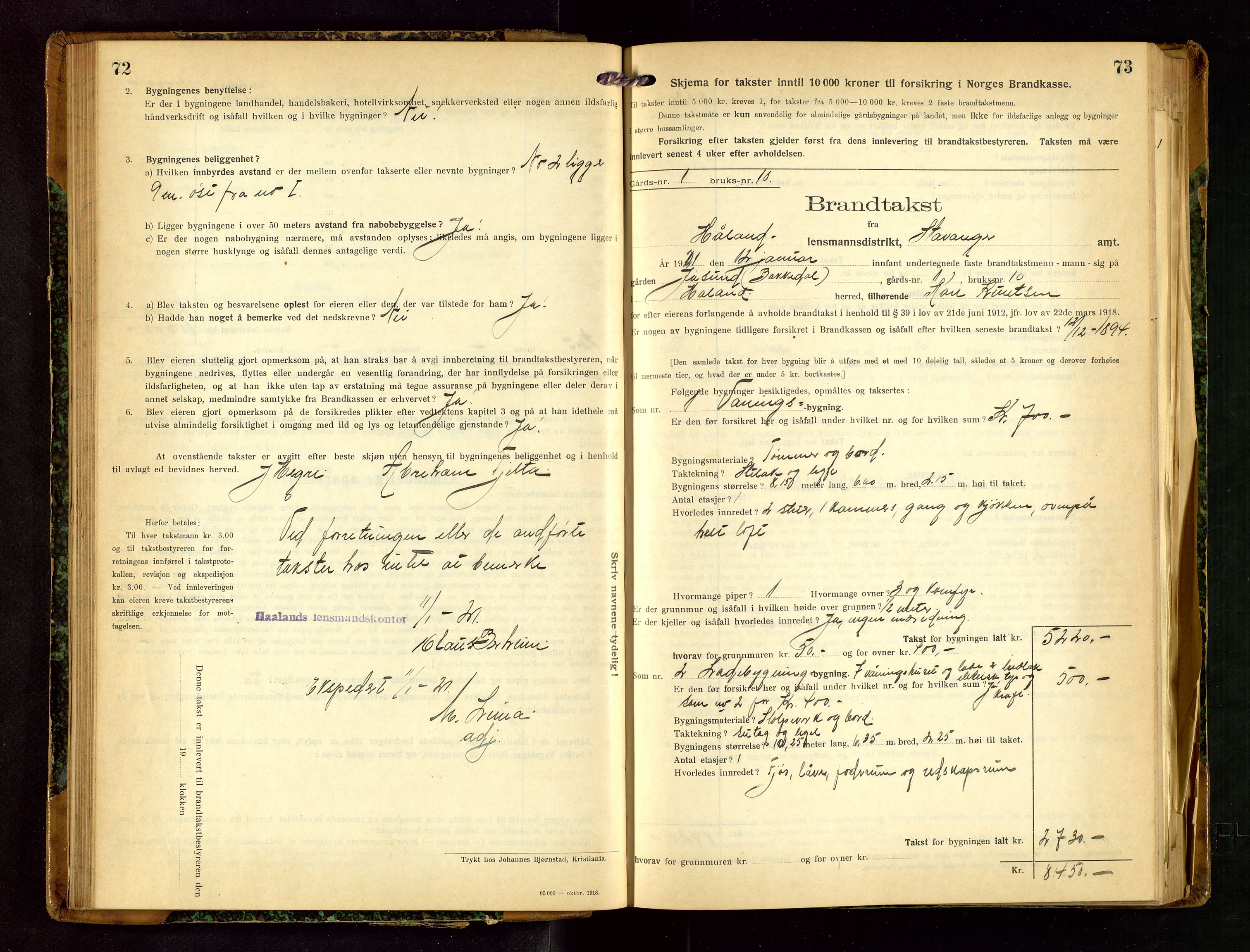 Håland lensmannskontor, AV/SAST-A-100100/Gob/L0007: Branntakstprotokoll - skjematakst. Register i boken., 1920-1925, s. 72-73