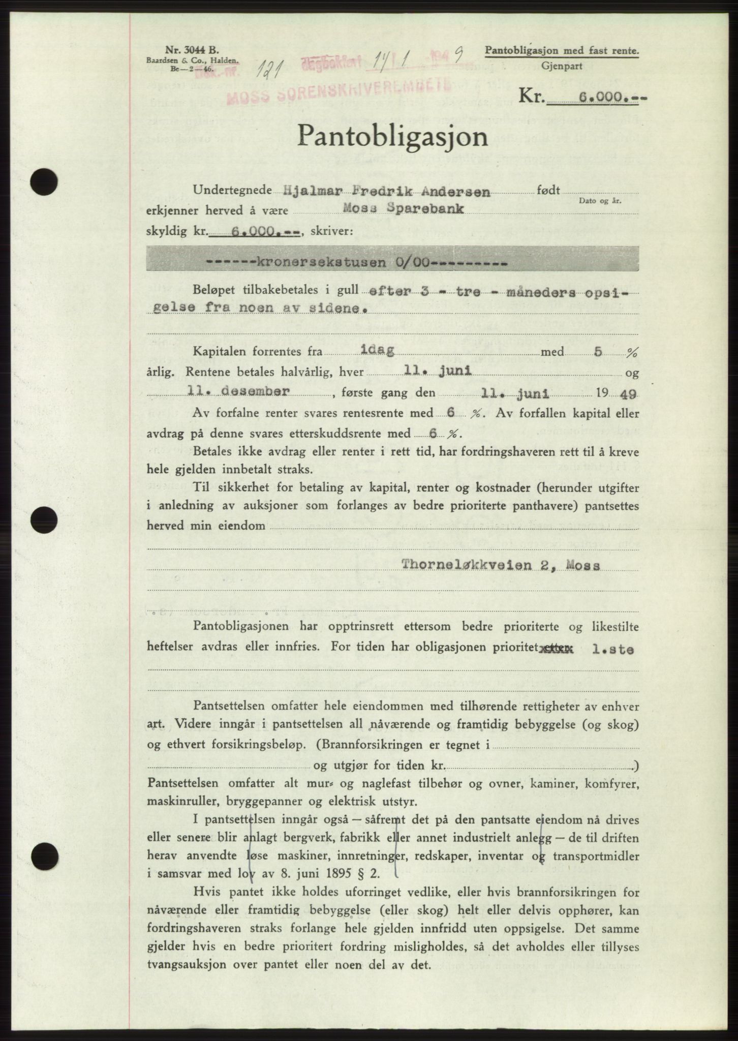 Moss sorenskriveri, SAO/A-10168: Pantebok nr. B21, 1949-1949, Dagboknr: 121/1949