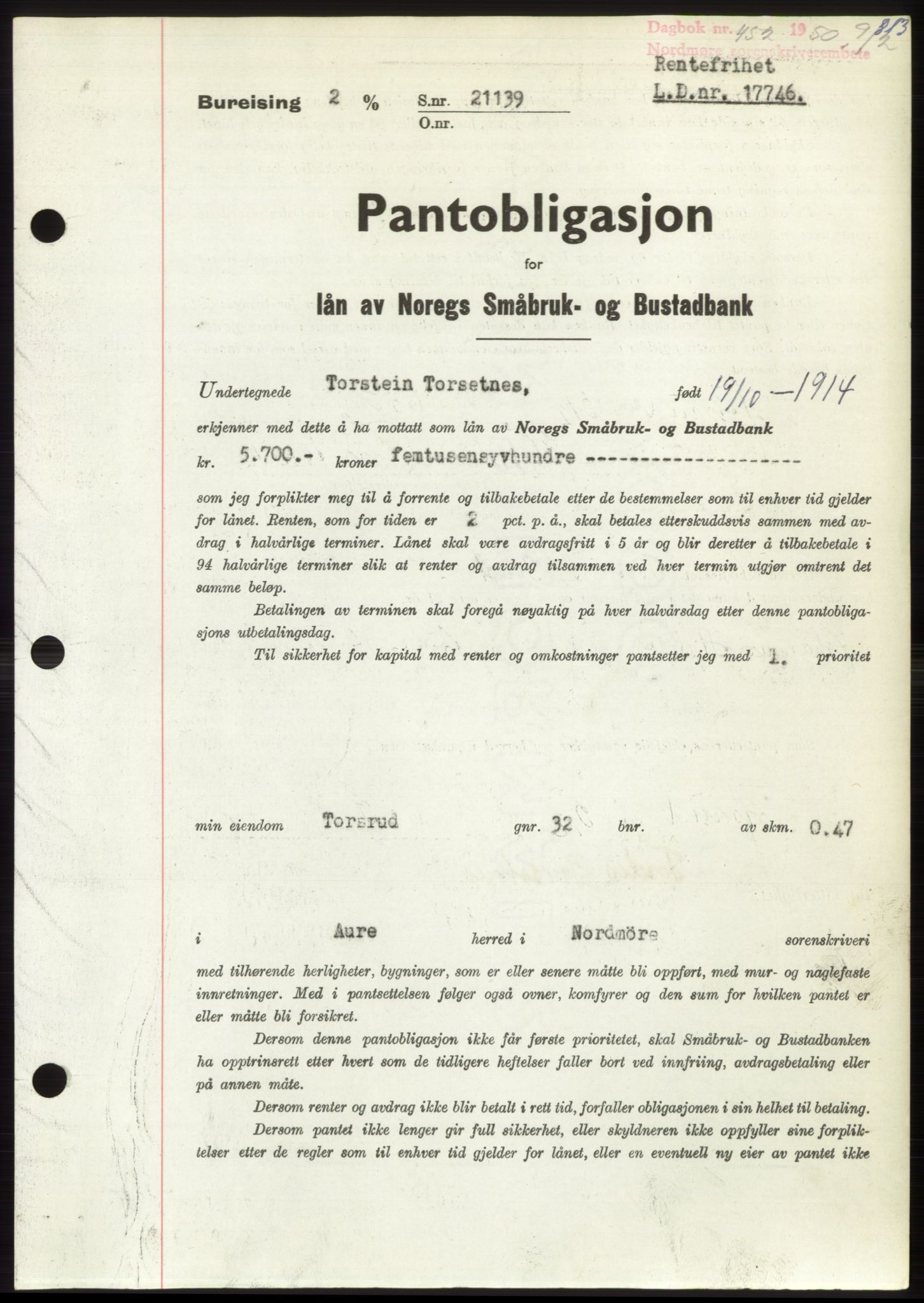 Nordmøre sorenskriveri, AV/SAT-A-4132/1/2/2Ca: Pantebok nr. B103, 1949-1950, Dagboknr: 452/1950