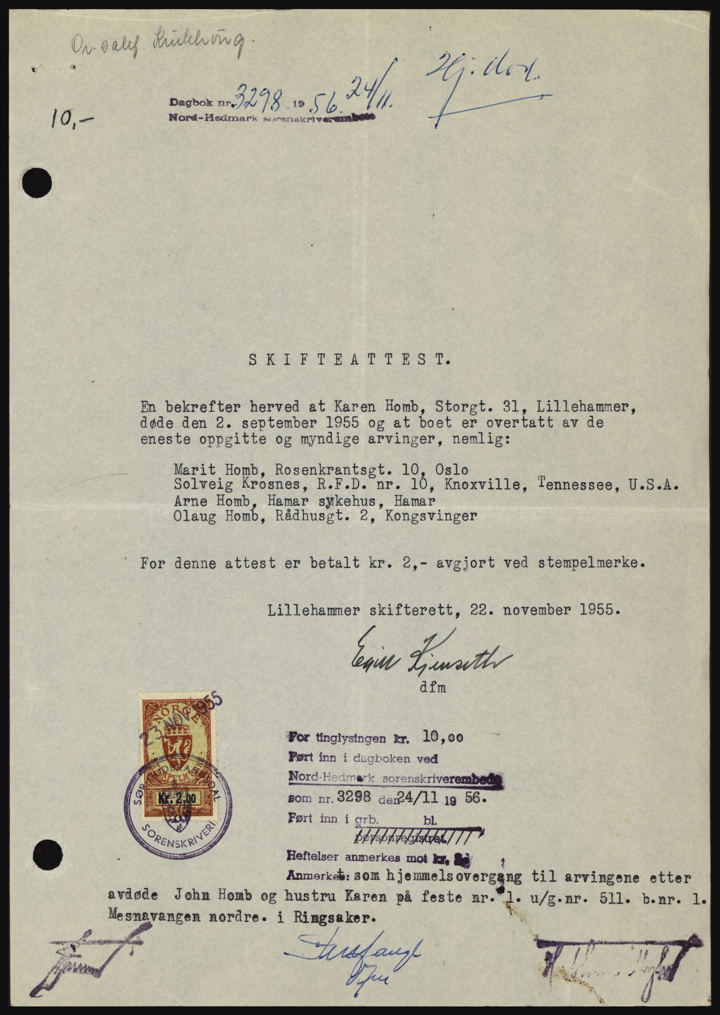 Nord-Hedmark sorenskriveri, SAH/TING-012/H/Hc/L0011: Pantebok nr. 11, 1956-1957, Dagboknr: 3298/1956