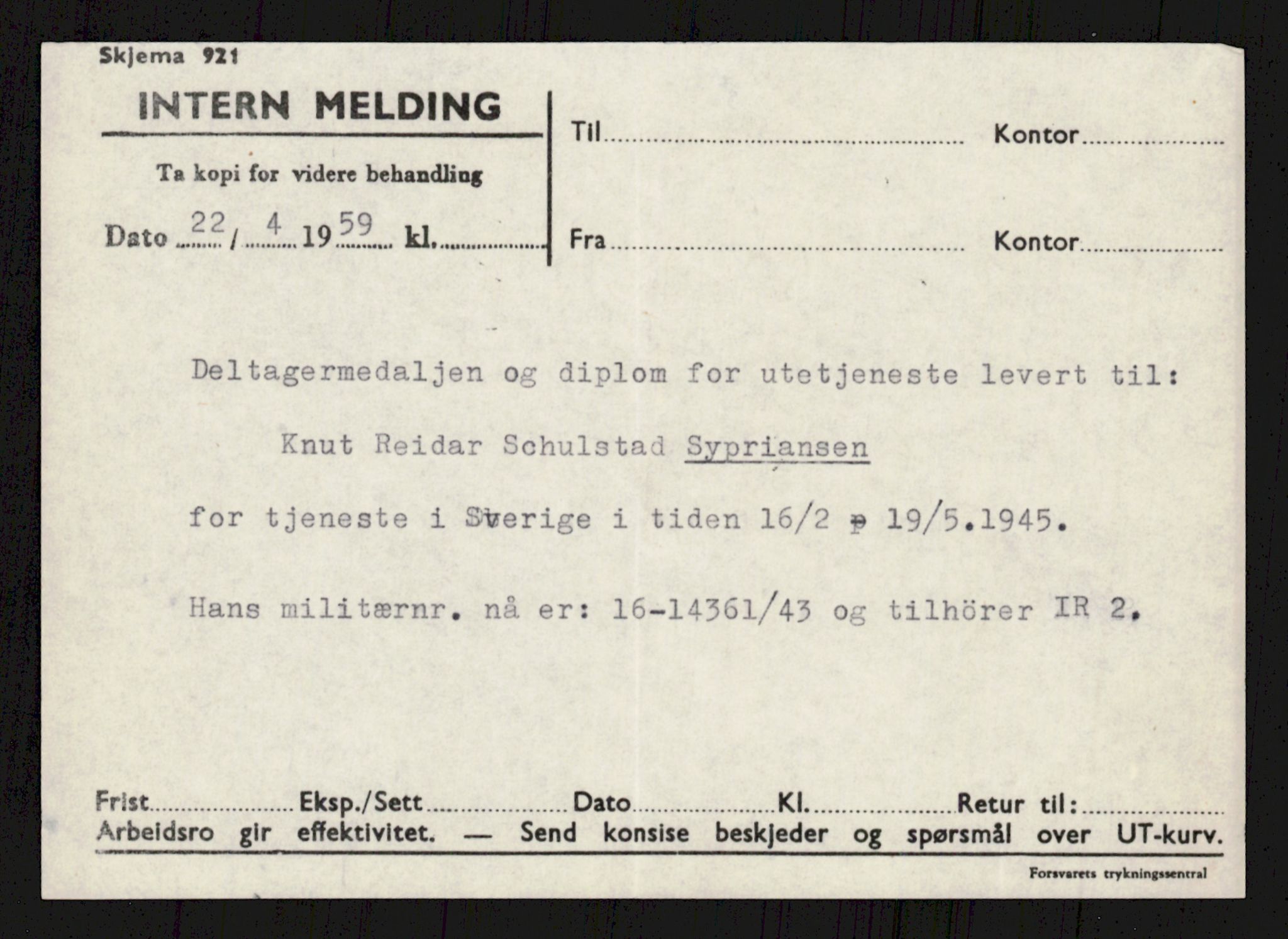 Forsvaret, Krigsdekorasjonskanselliet, AV/RA-RAFA-5156/G/Ga/Gaa/L0004: Svahn - Aarvik, 1944-1956