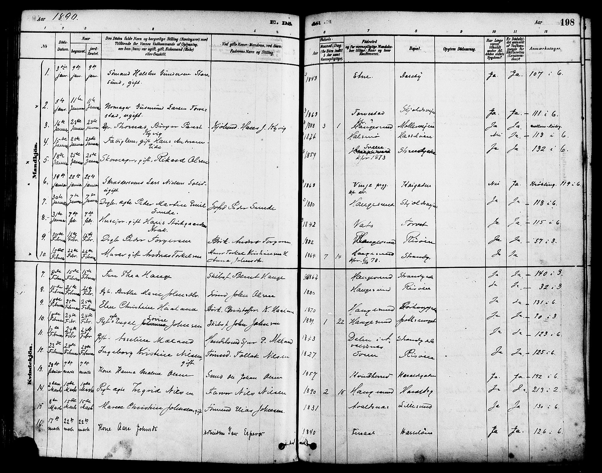 Haugesund sokneprestkontor, AV/SAST-A -101863/H/Ha/Haa/L0003: Ministerialbok nr. A 3, 1885-1890, s. 198