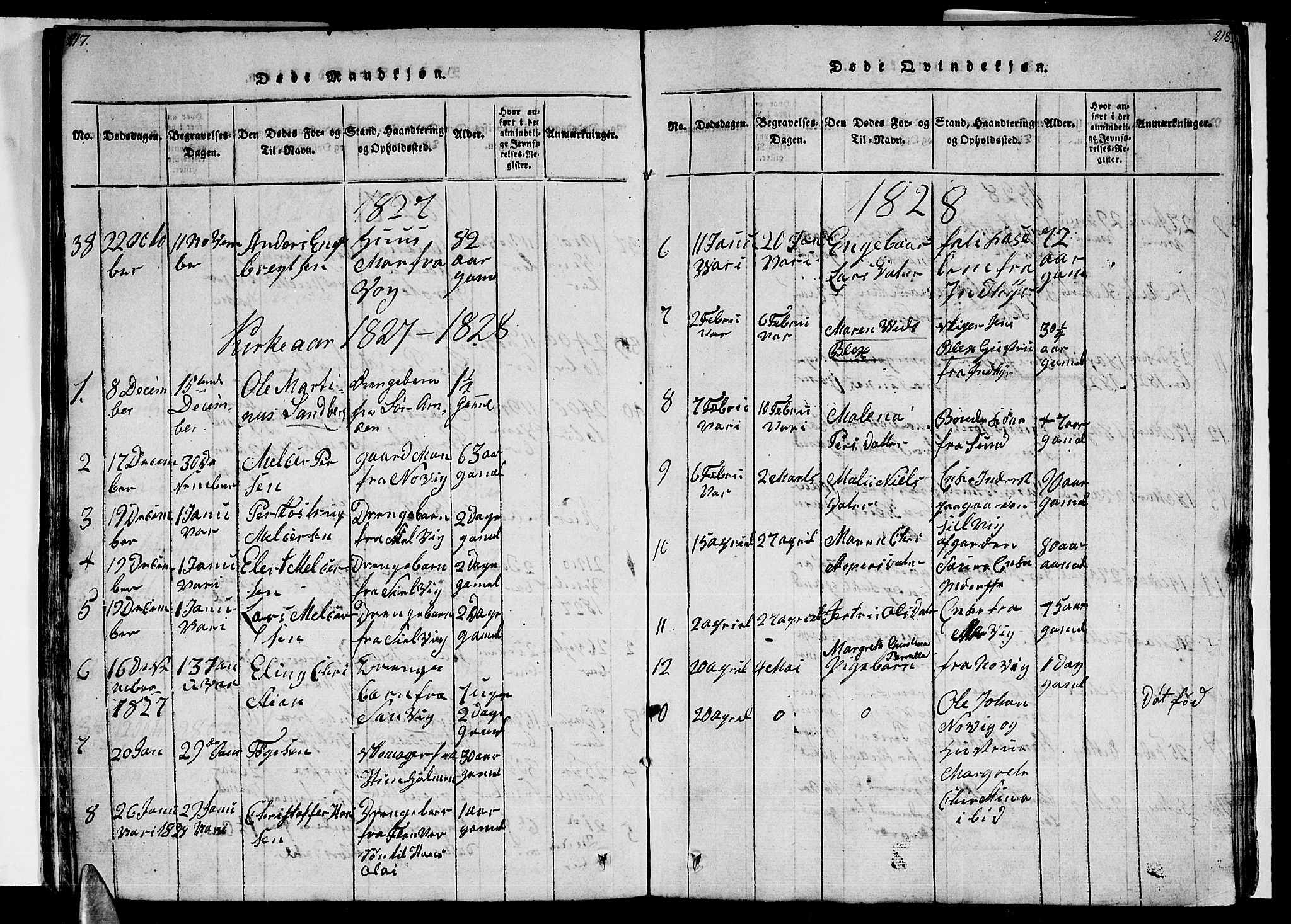 Ministerialprotokoller, klokkerbøker og fødselsregistre - Nordland, AV/SAT-A-1459/805/L0105: Klokkerbok nr. 805C01, 1820-1839, s. 217-218