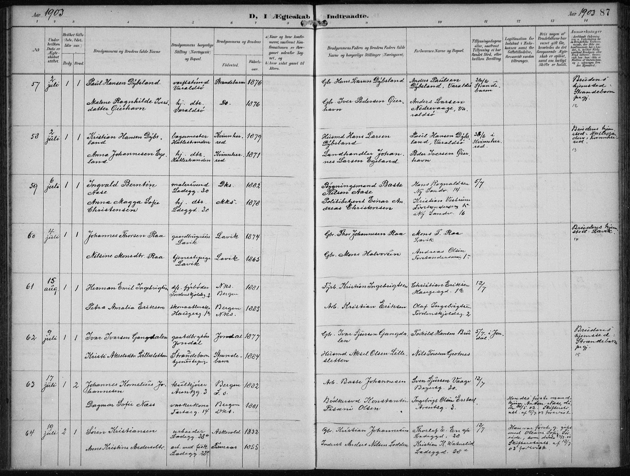 Sandviken Sokneprestembete, SAB/A-77601/H/Ha/L0014: Ministerialbok nr. D 1, 1896-1911, s. 87