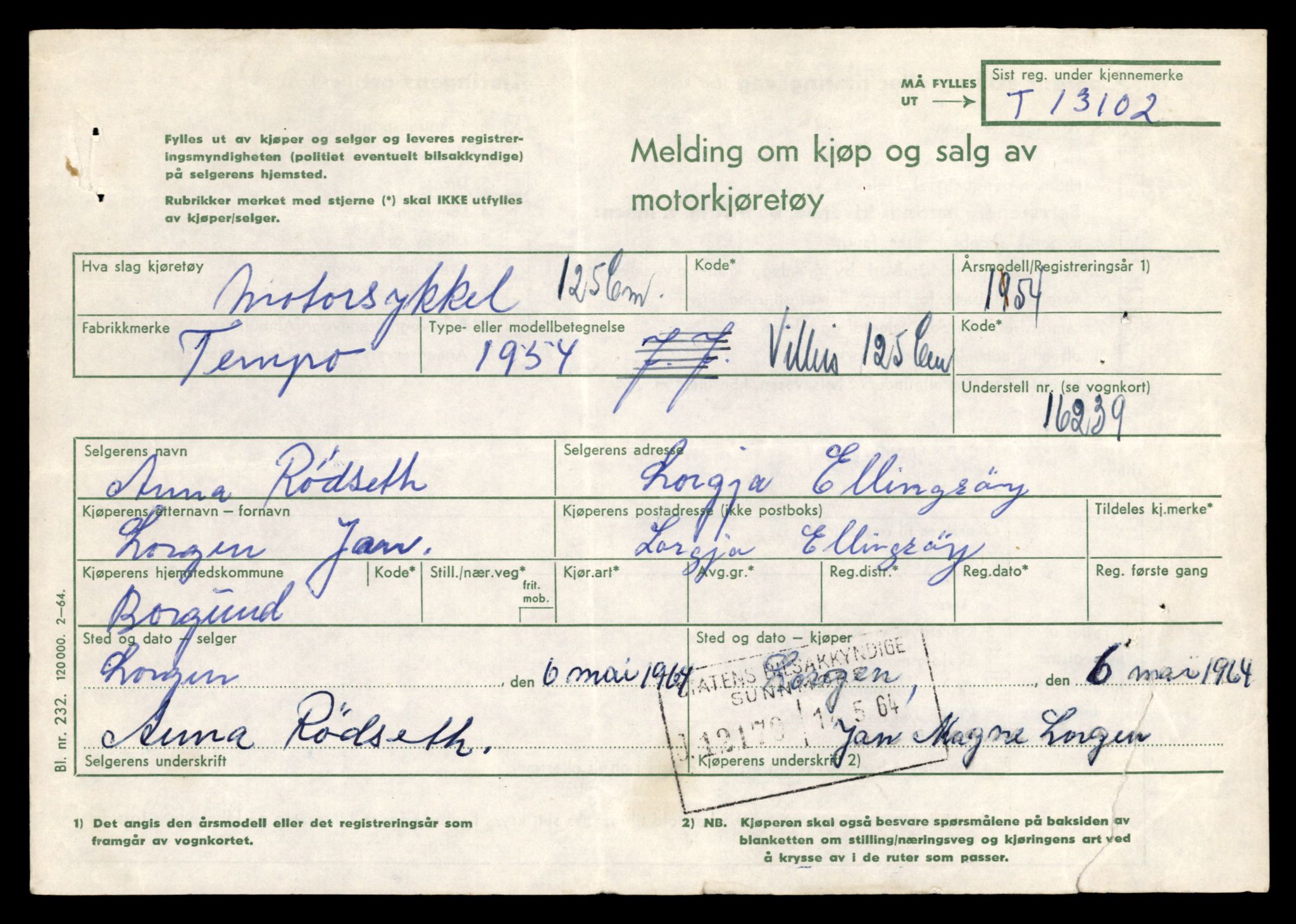Møre og Romsdal vegkontor - Ålesund trafikkstasjon, AV/SAT-A-4099/F/Fe/L0037: Registreringskort for kjøretøy T 13031 - T 13179, 1927-1998, s. 1444