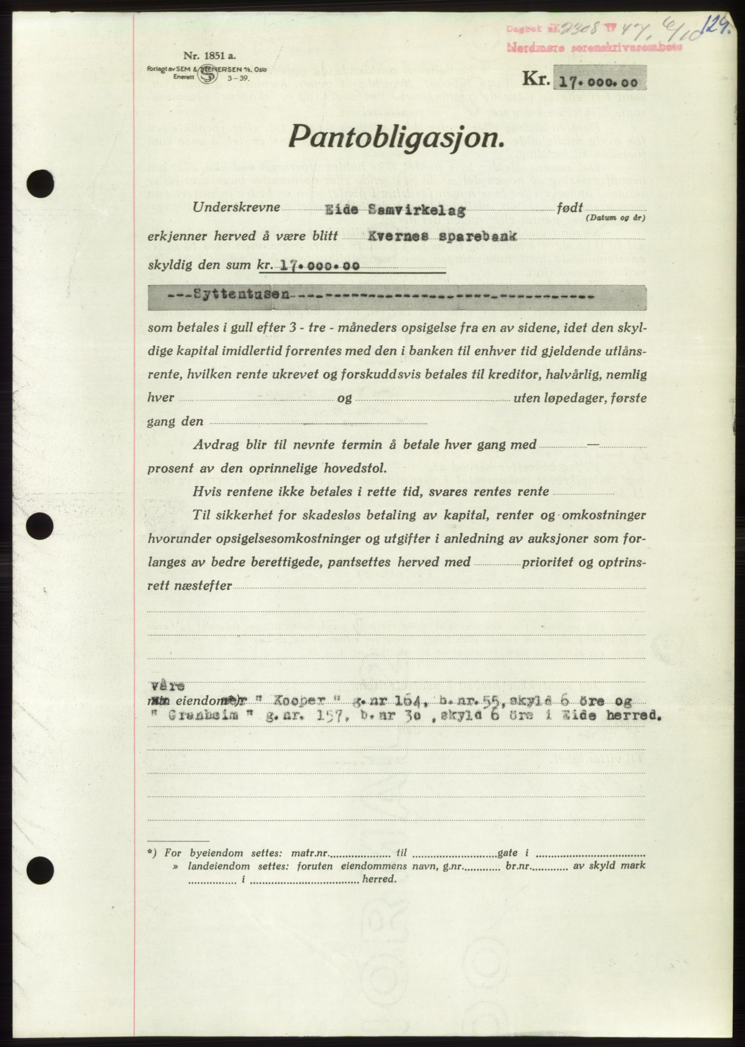 Nordmøre sorenskriveri, AV/SAT-A-4132/1/2/2Ca: Pantebok nr. B97, 1947-1948, Dagboknr: 2308/1947