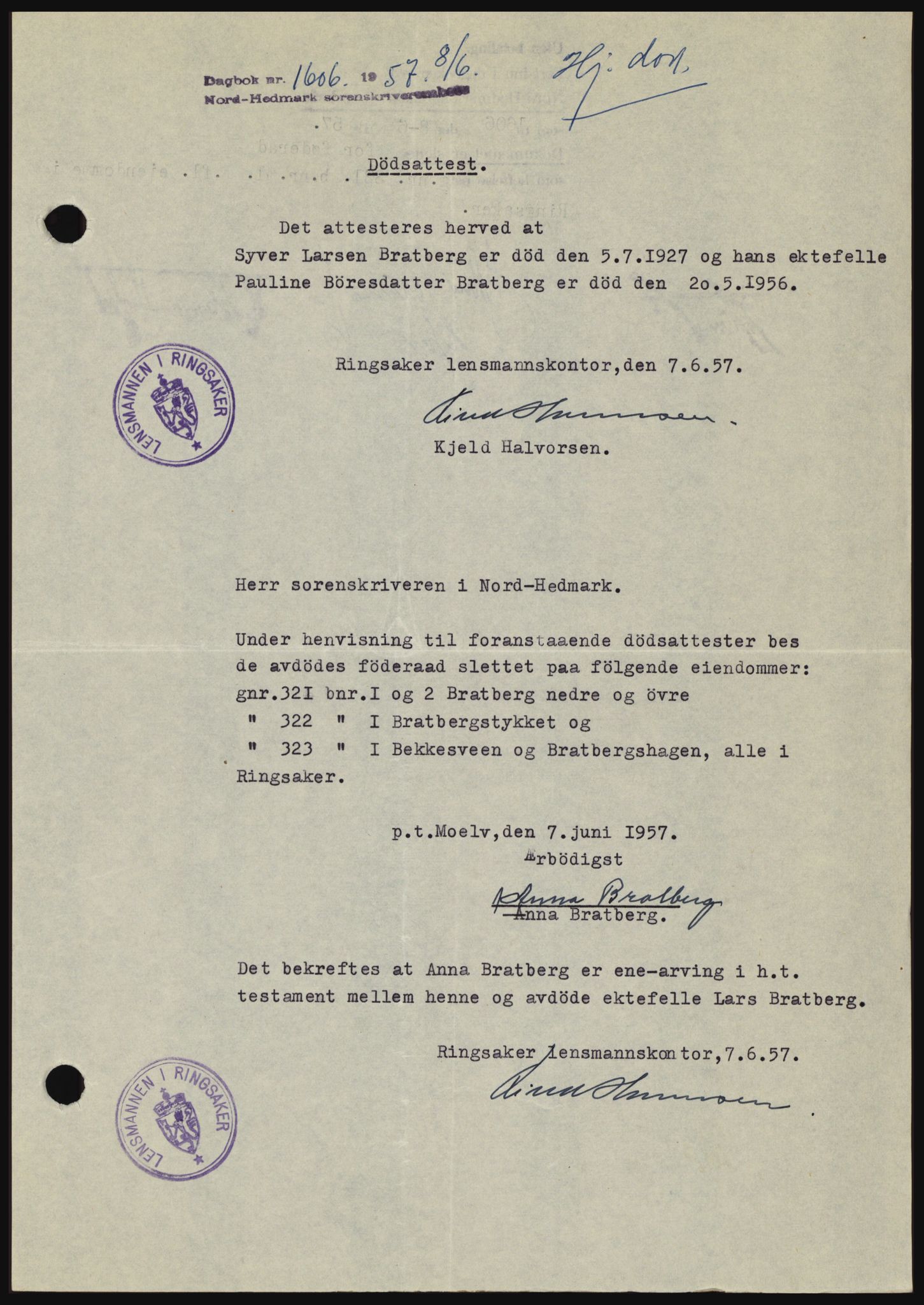 Nord-Hedmark sorenskriveri, SAH/TING-012/H/Hc/L0011: Pantebok nr. 11, 1956-1957, Dagboknr: 1606/1957