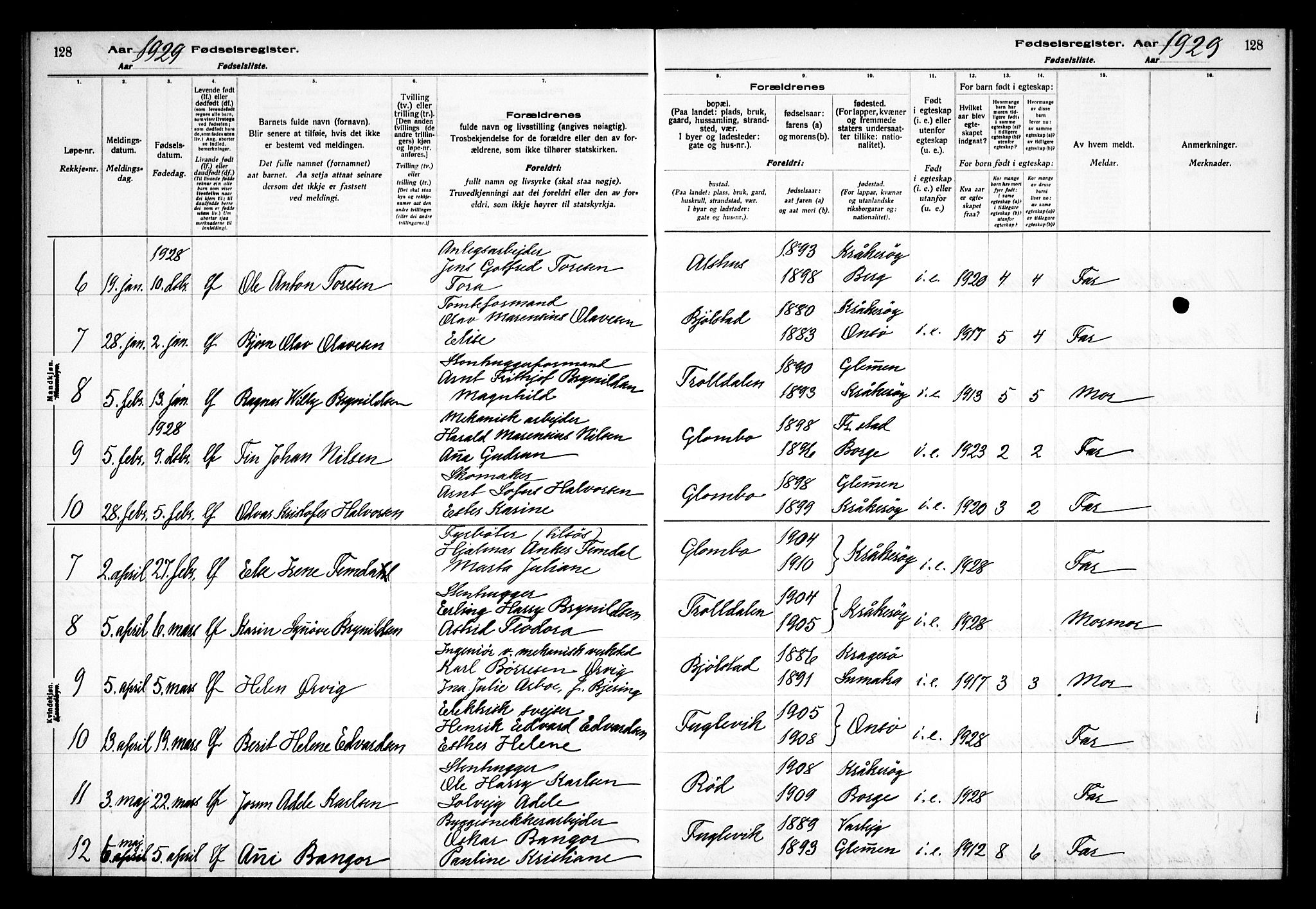 Kråkerøy prestekontor Kirkebøker, AV/SAO-A-10912/J/Ja/L0001: Fødselsregister nr. 1, 1916-1938, s. 128