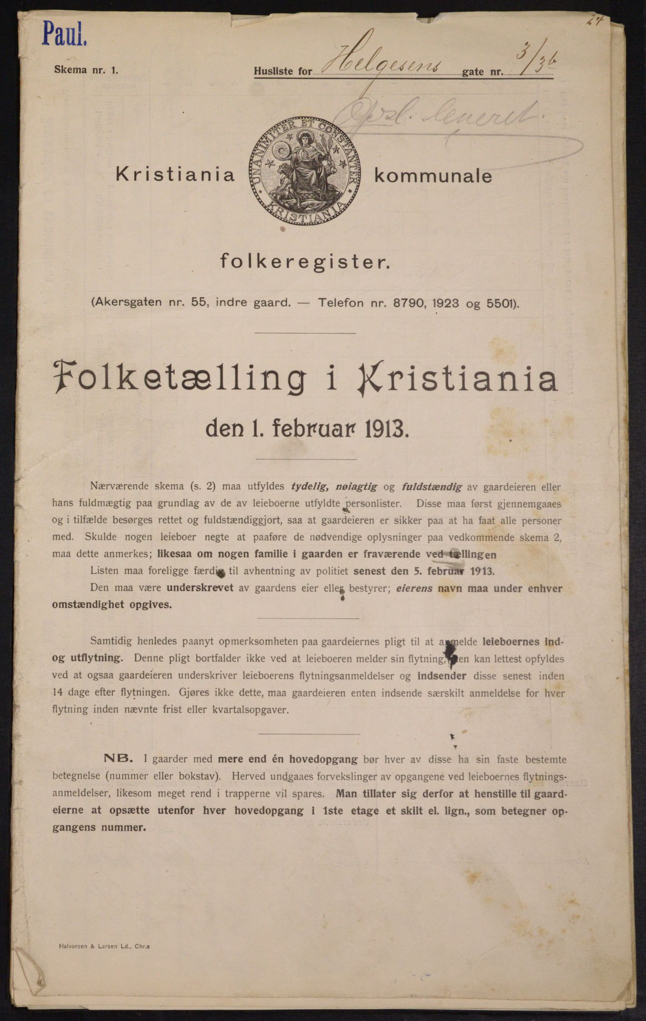 OBA, Kommunal folketelling 1.2.1913 for Kristiania, 1913, s. 37513