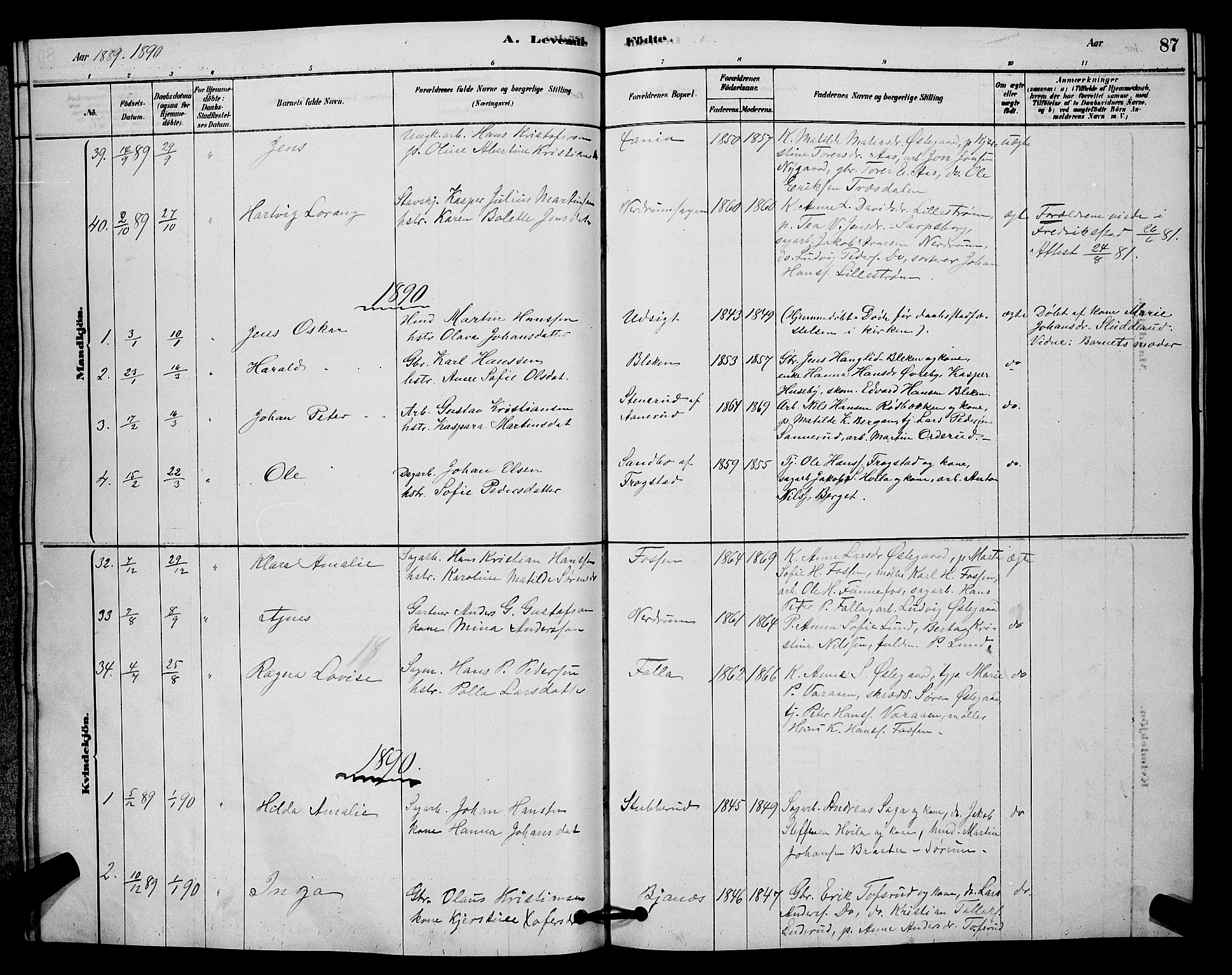 Fet prestekontor Kirkebøker, AV/SAO-A-10370a/G/Ga/L0006: Klokkerbok nr. I 6, 1878-1891, s. 87