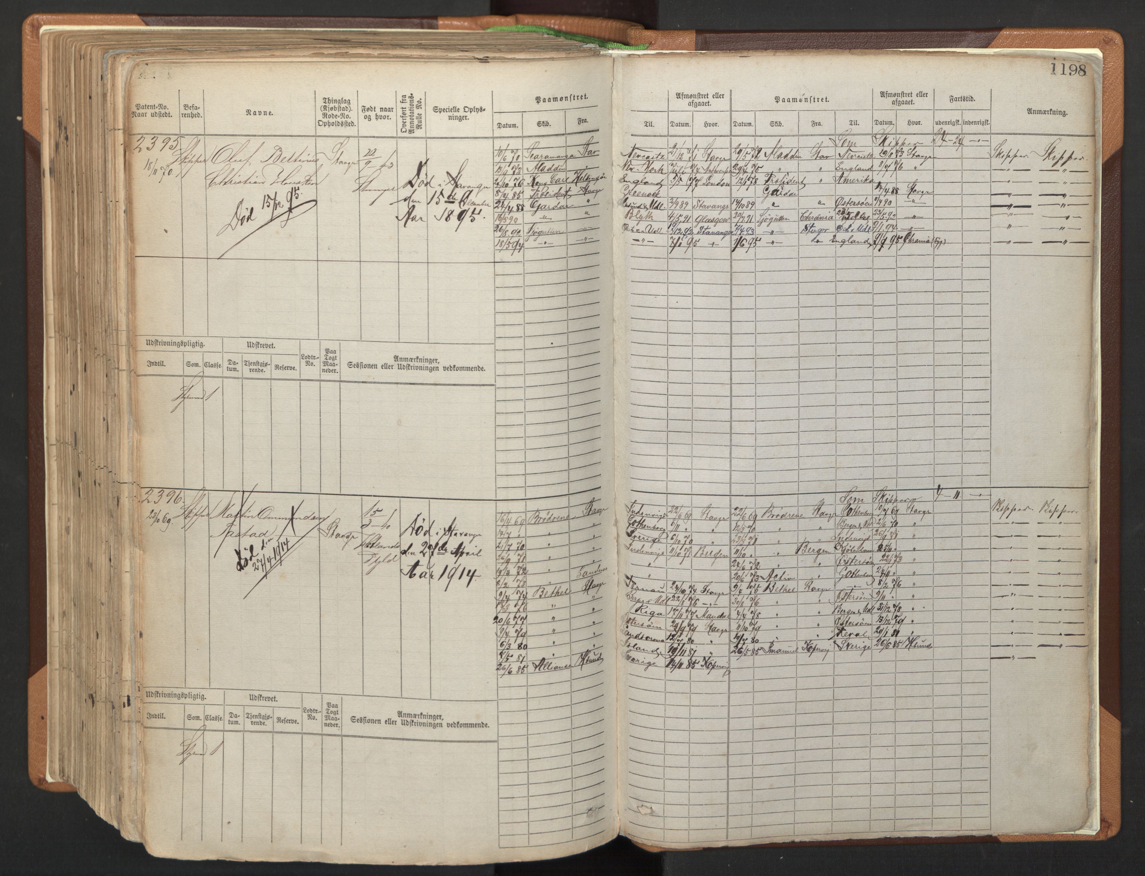 Stavanger sjømannskontor, AV/SAST-A-102006/F/Fb/Fbb/L0006: Sjøfartshovedrulle, patentnr. 1607-2402 (del 3), 1869-1880, s. 398