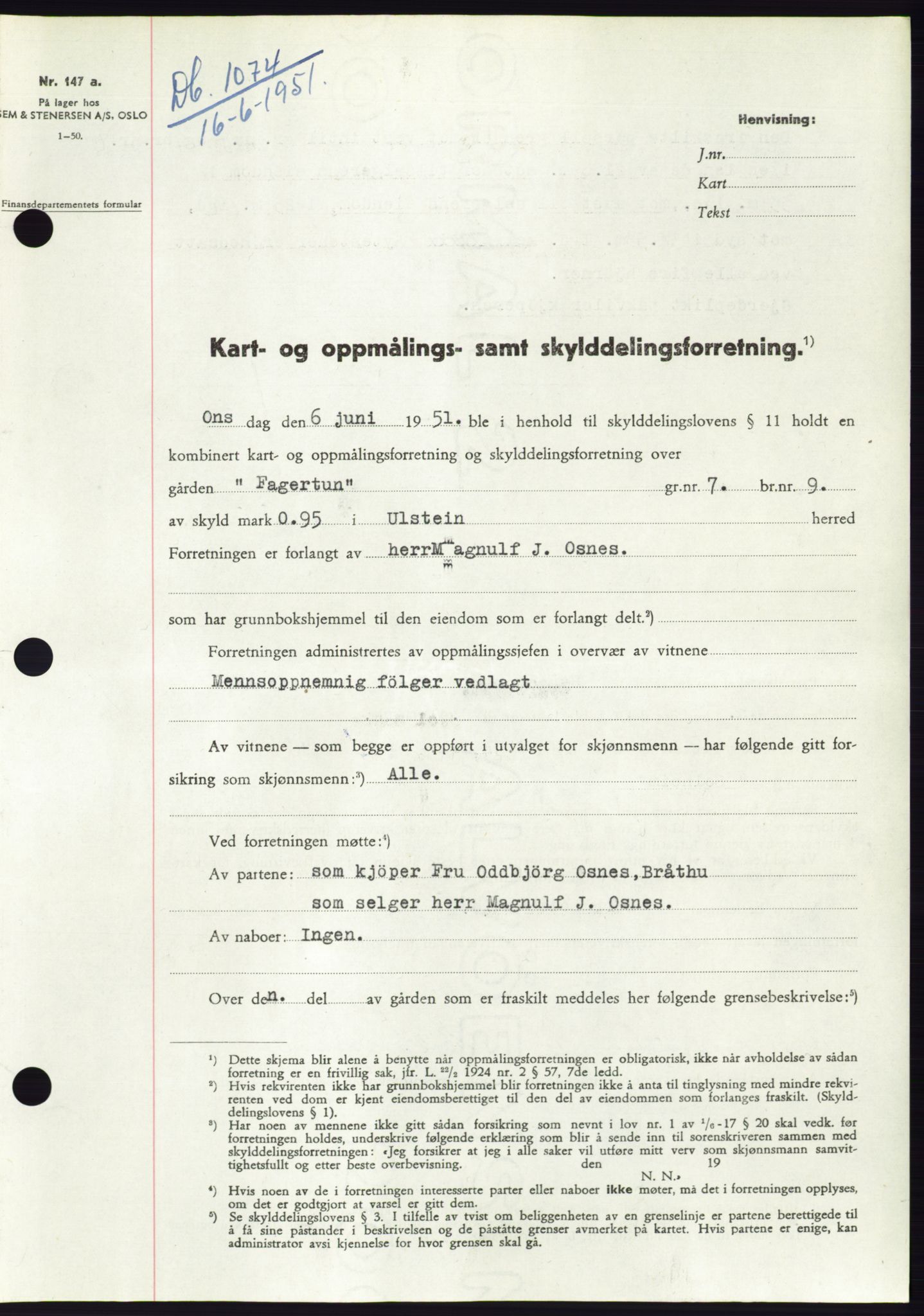 Søre Sunnmøre sorenskriveri, SAT/A-4122/1/2/2C/L0089: Pantebok nr. 15A, 1951-1951, Dagboknr: 1074/1951