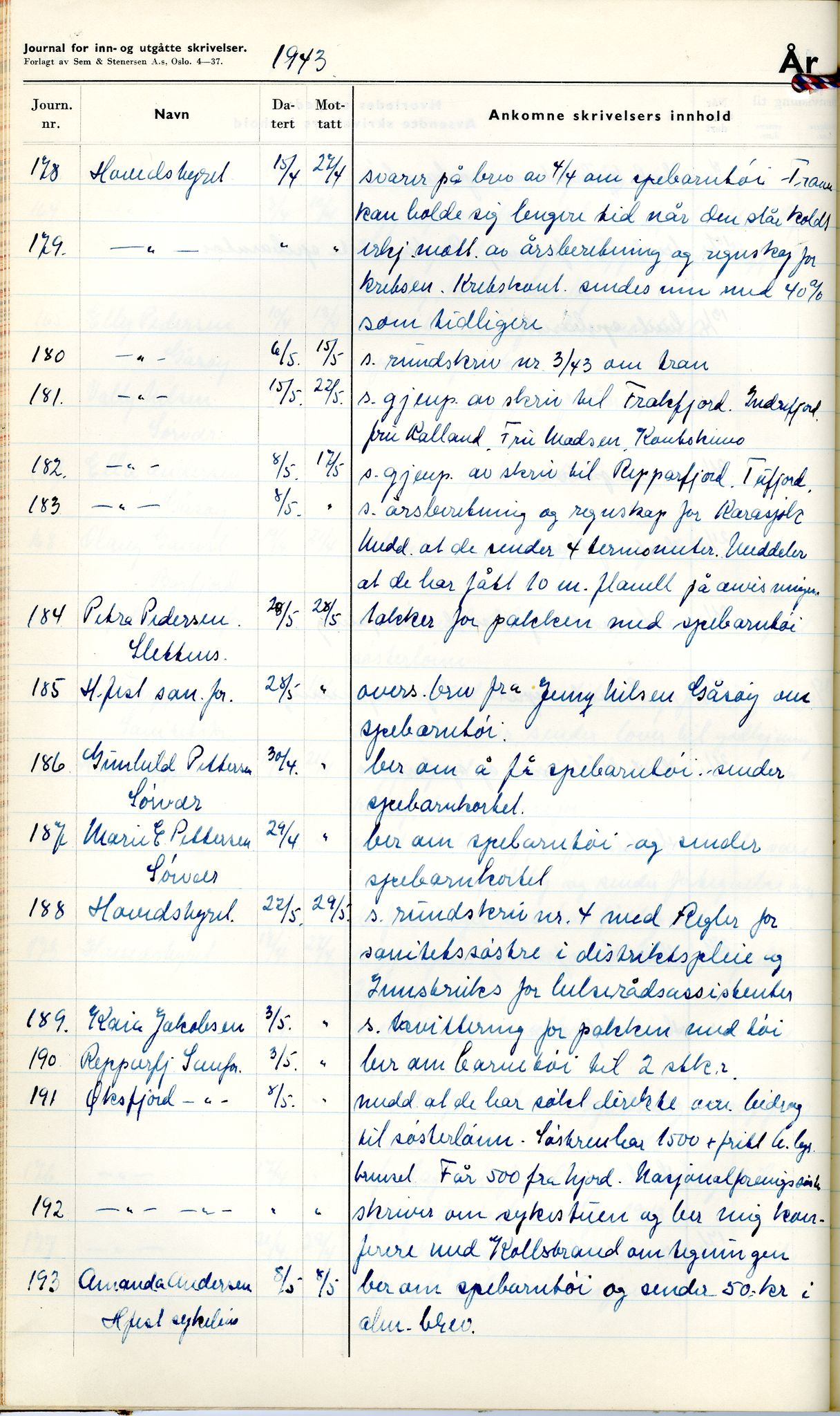 Norske Kvinners Sanitetsforening Finnmark , FMFB/A-1006/C/L0008: Journal for inn- og utgåtte brev, 1938-1944