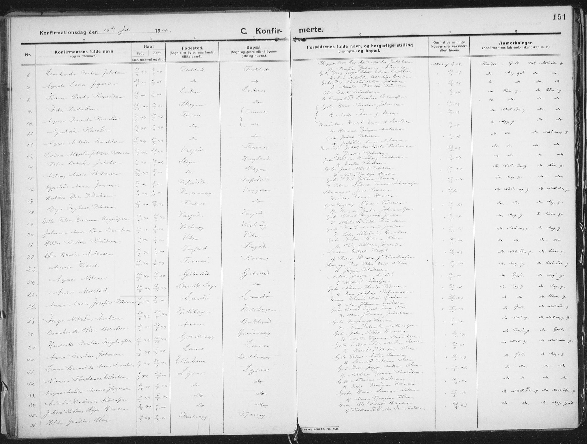 Lenvik sokneprestembete, SATØ/S-1310/H/Ha/Haa/L0016kirke: Ministerialbok nr. 16, 1910-1924, s. 151